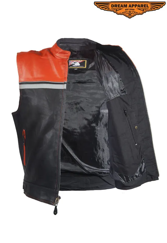 Mens Black & Orange Leather Vest