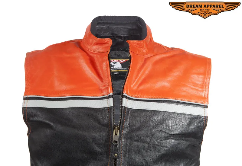 Mens Black & Orange Leather Vest