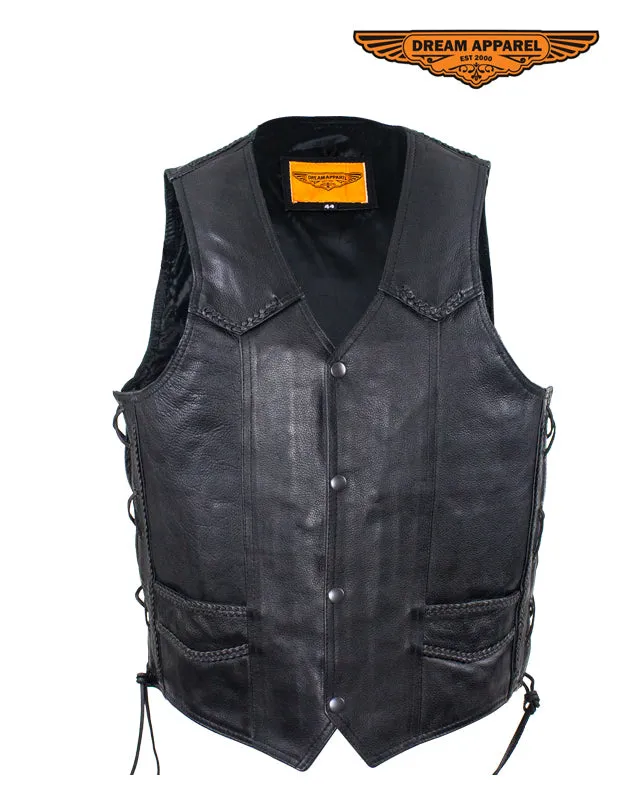 Mens Leather Motorcycle Vest With Huge Gun Pocket