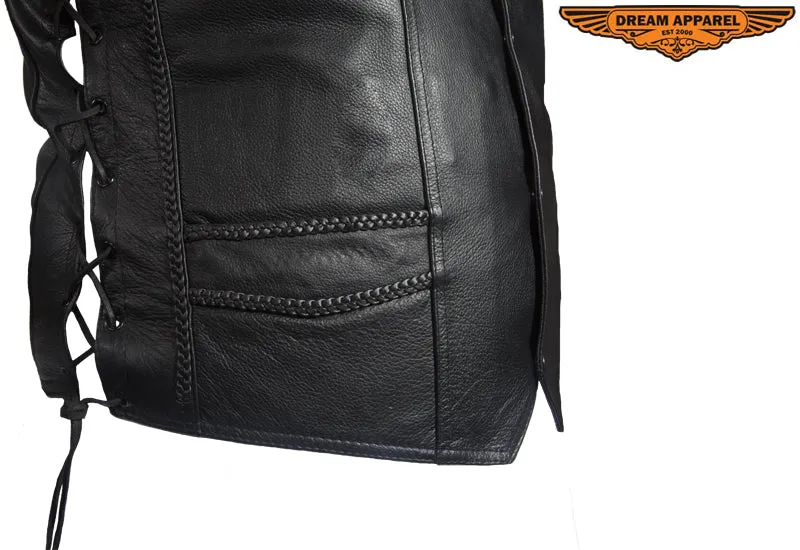 Men's Leather Vest With Braid