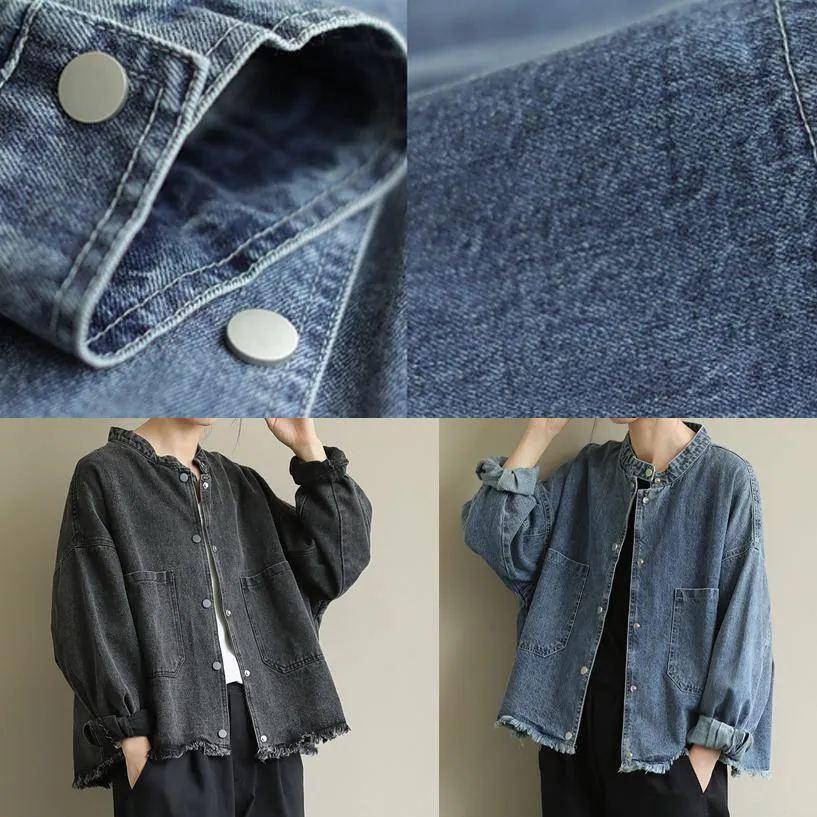 Modern stand collar pockets Plus Size Coats Women denim blue Knee jackets