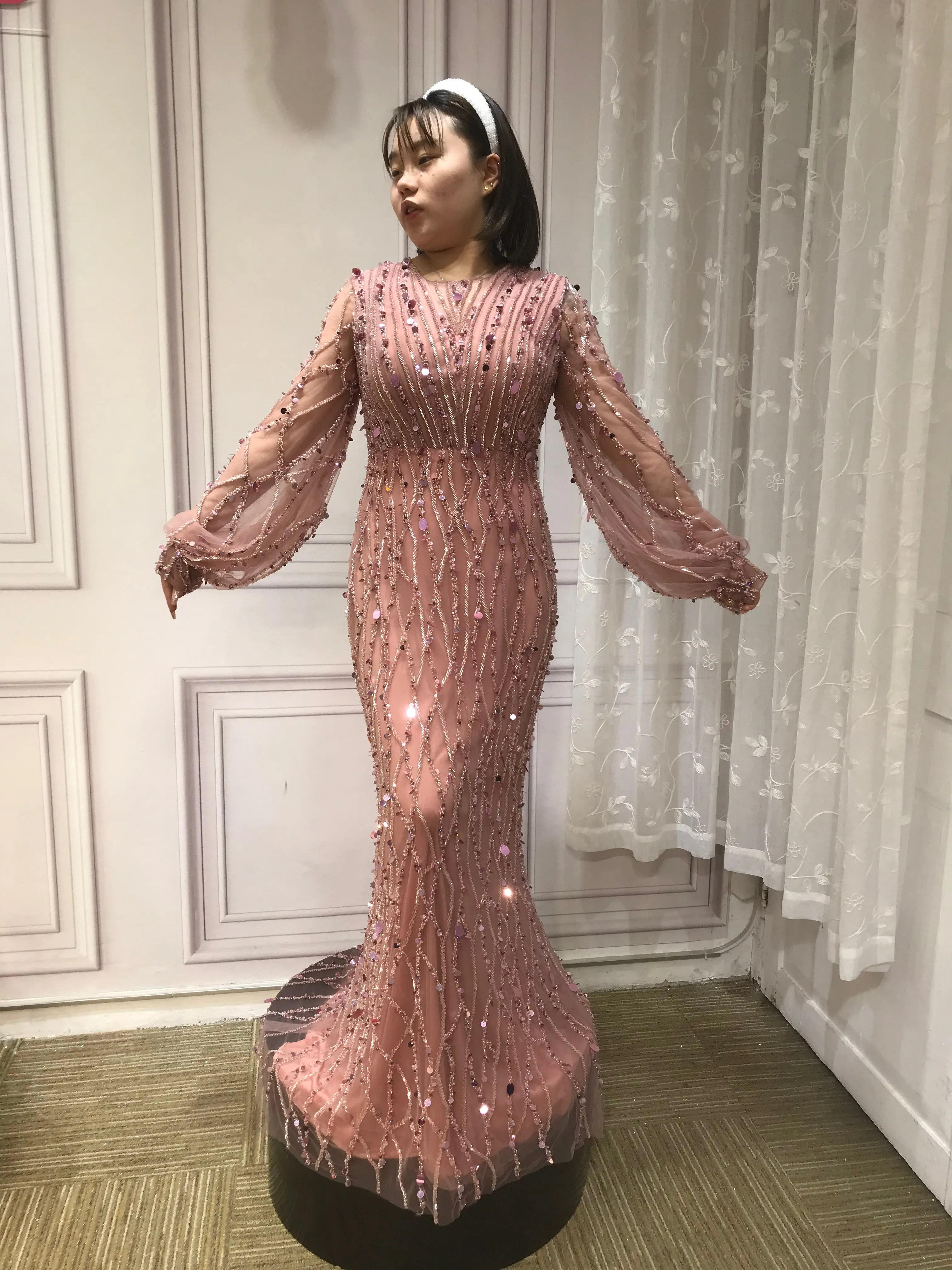 Muslim fashion long sleeves handmade beaded gold dusty pink crystals sequins rhinestone mermaid engagement prom couture dresses