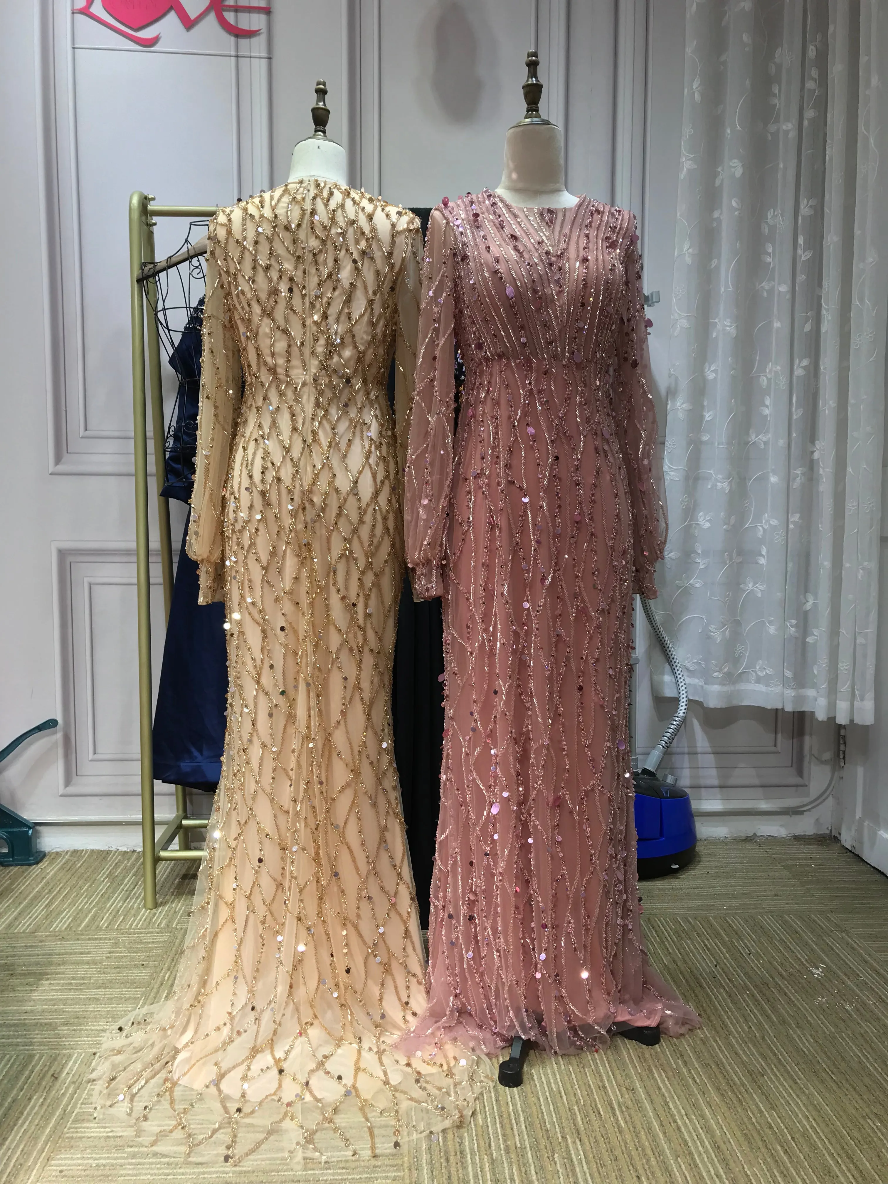 Muslim fashion long sleeves handmade beaded gold dusty pink crystals sequins rhinestone mermaid engagement prom couture dresses