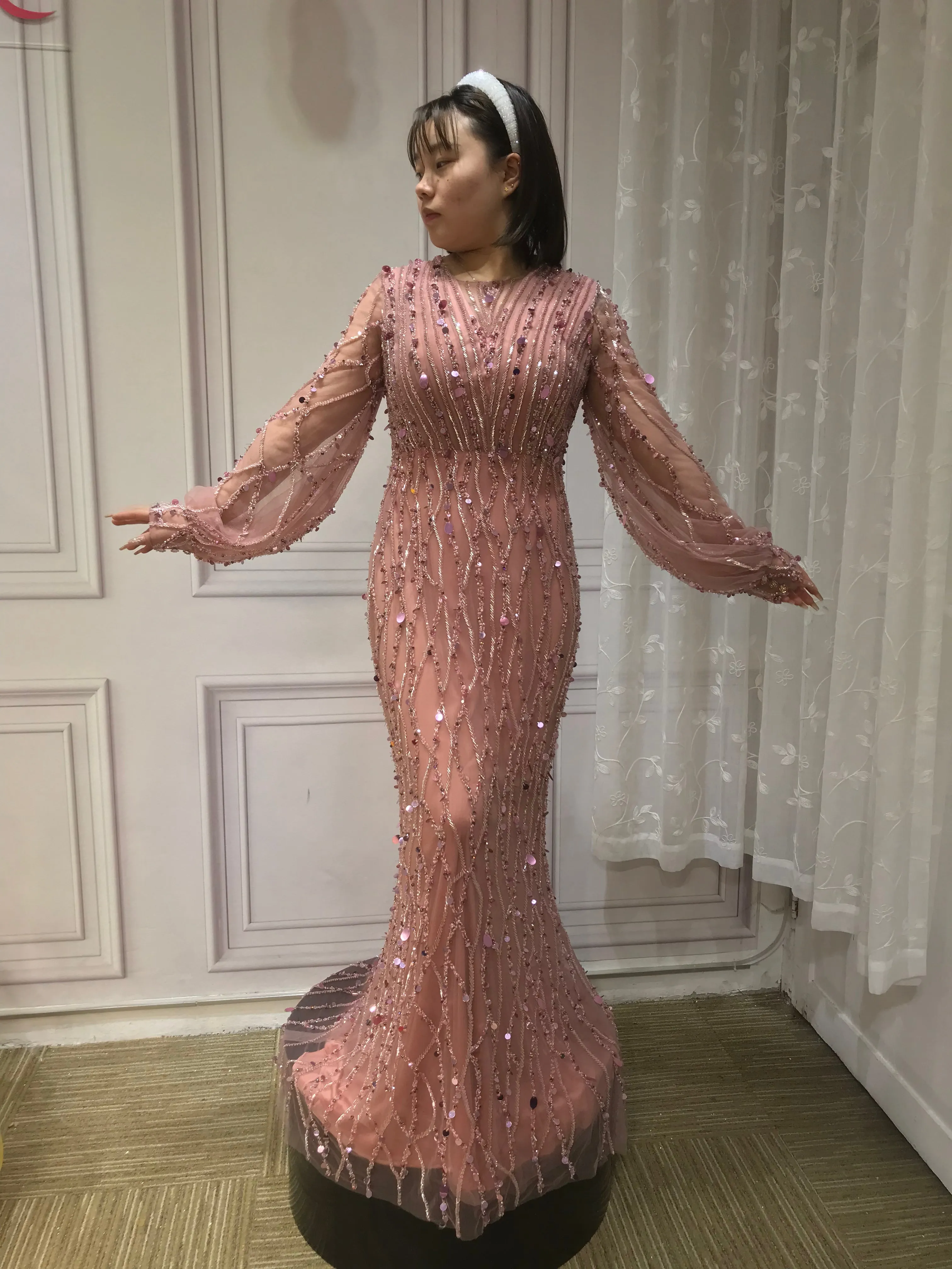 Muslim fashion long sleeves handmade beaded gold dusty pink crystals sequins rhinestone mermaid engagement prom couture dresses