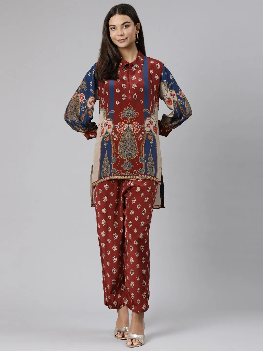 Neeru's Maroon Regular Straight Floral Kurta And Trousers