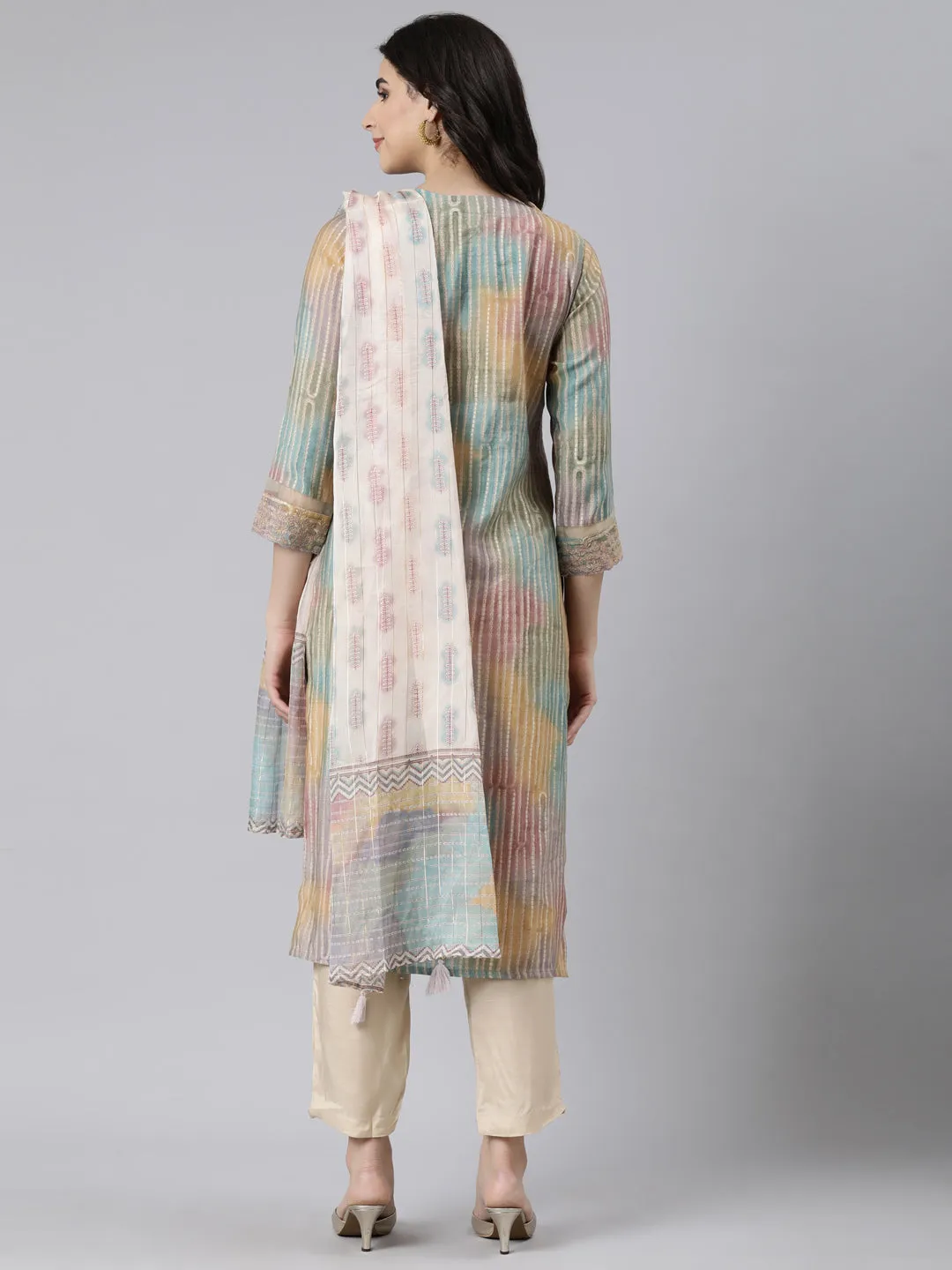 Neerus Multi Regular Straight Colourblocked Kurta And  Trousers With Dupatta