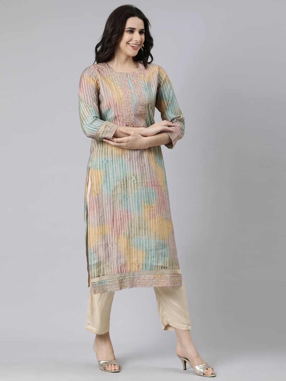 Neerus Multi Regular Straight Colourblocked Kurta And  Trousers With Dupatta