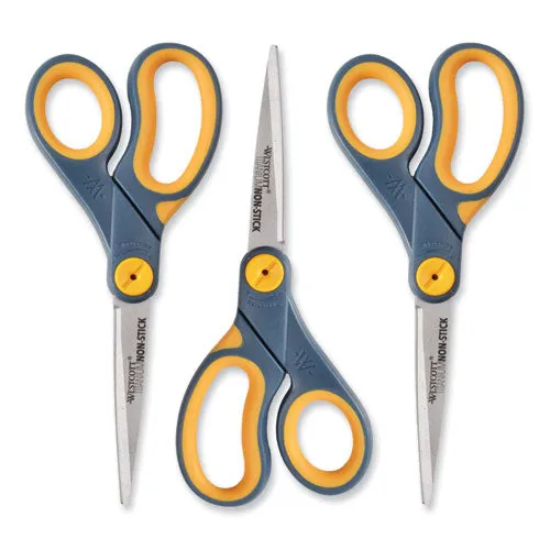 Non-stick Titanium Bonded Scissors, 8" Long, 3.25" Cut Length, Gray/yellow Straight Handles, 3/pack