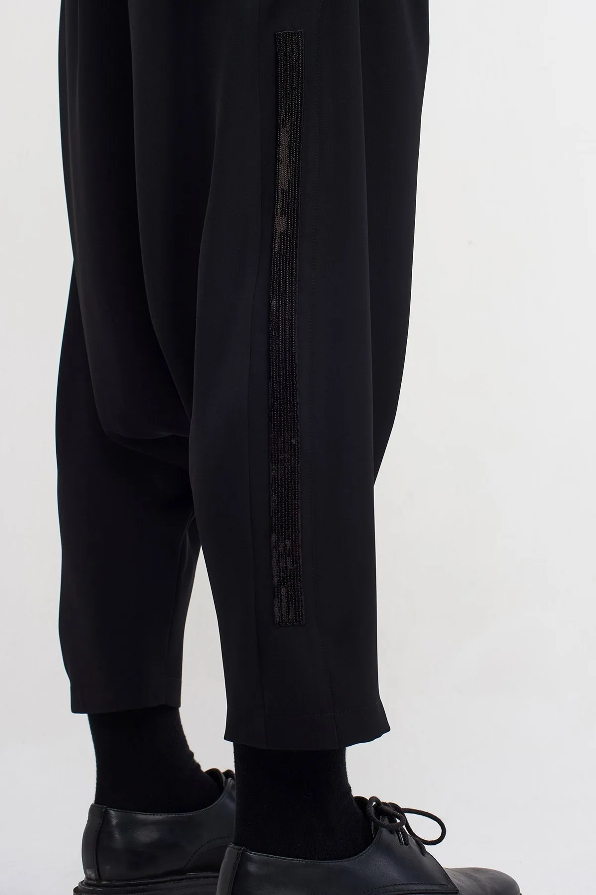 Nu Embroidered Side Elegant Harem Pants Black