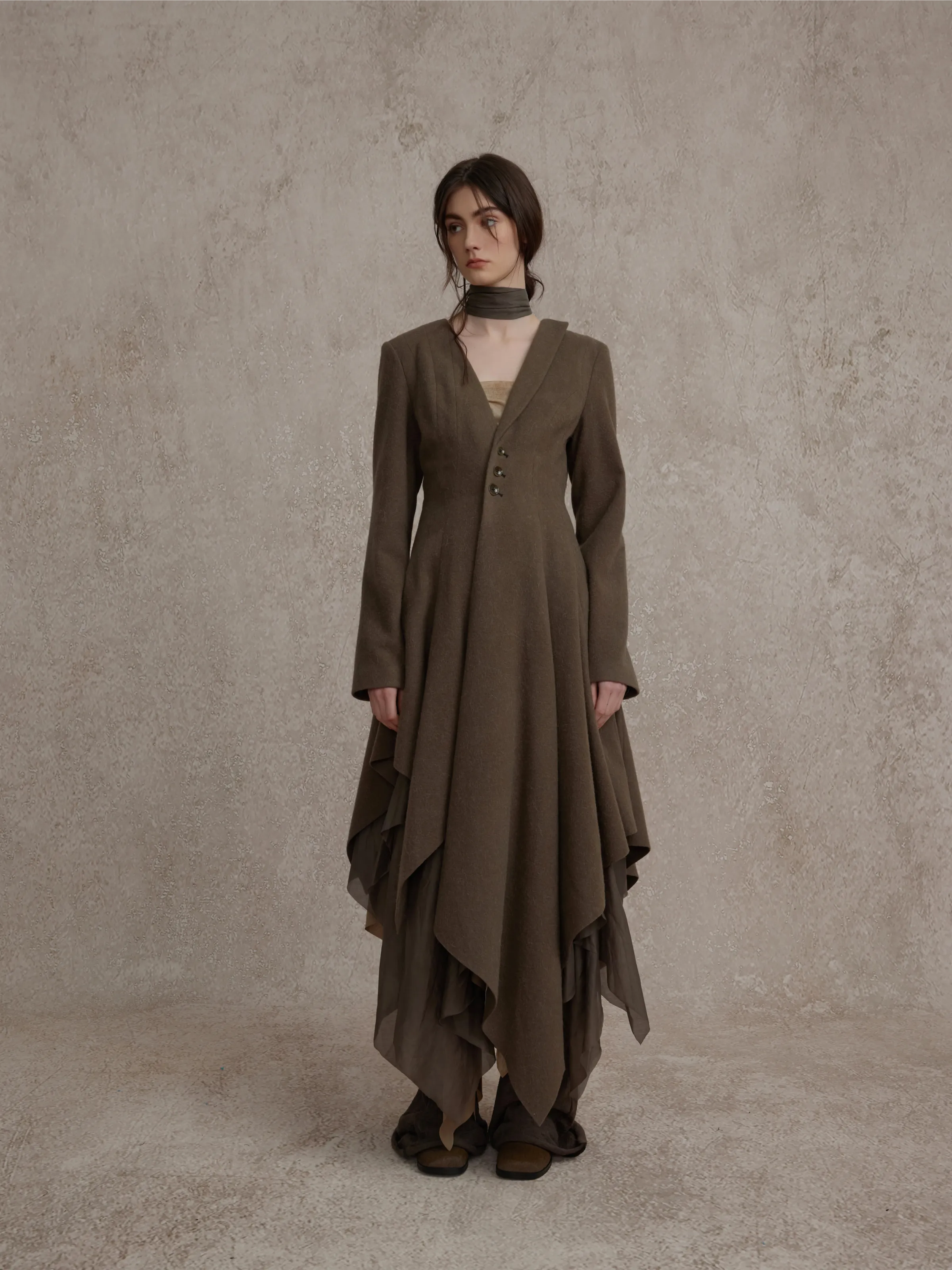 Olive Wool Multi-layered Maxi Coat