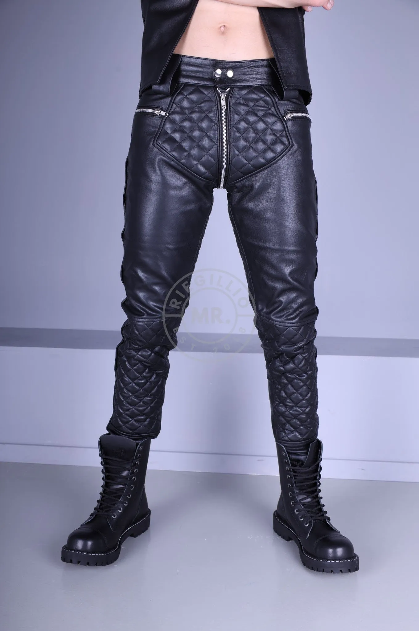 Padded Leather Pants - Black Piping