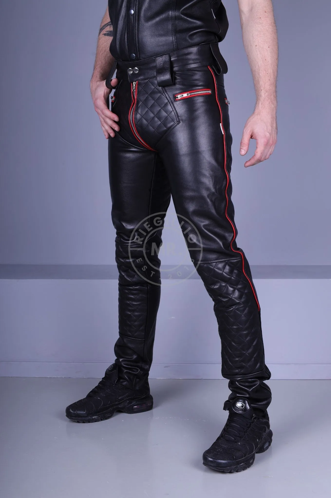 Padded Leather Pants - Red Piping