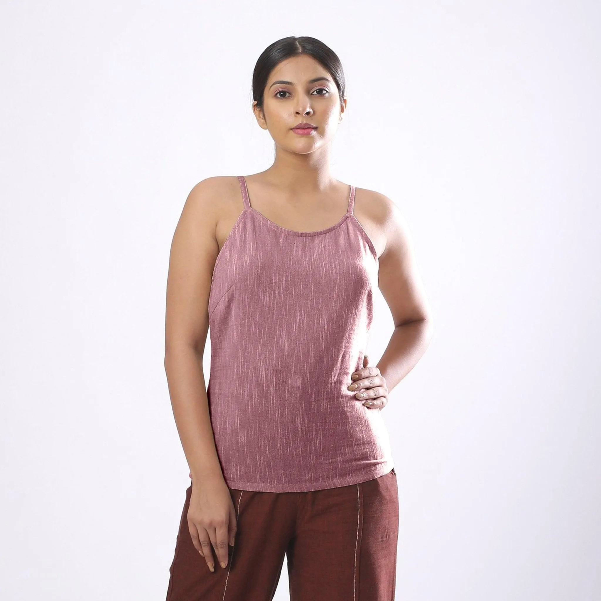 Purple Yarn Dyed Cotton Slim Fit Spaghetti Top