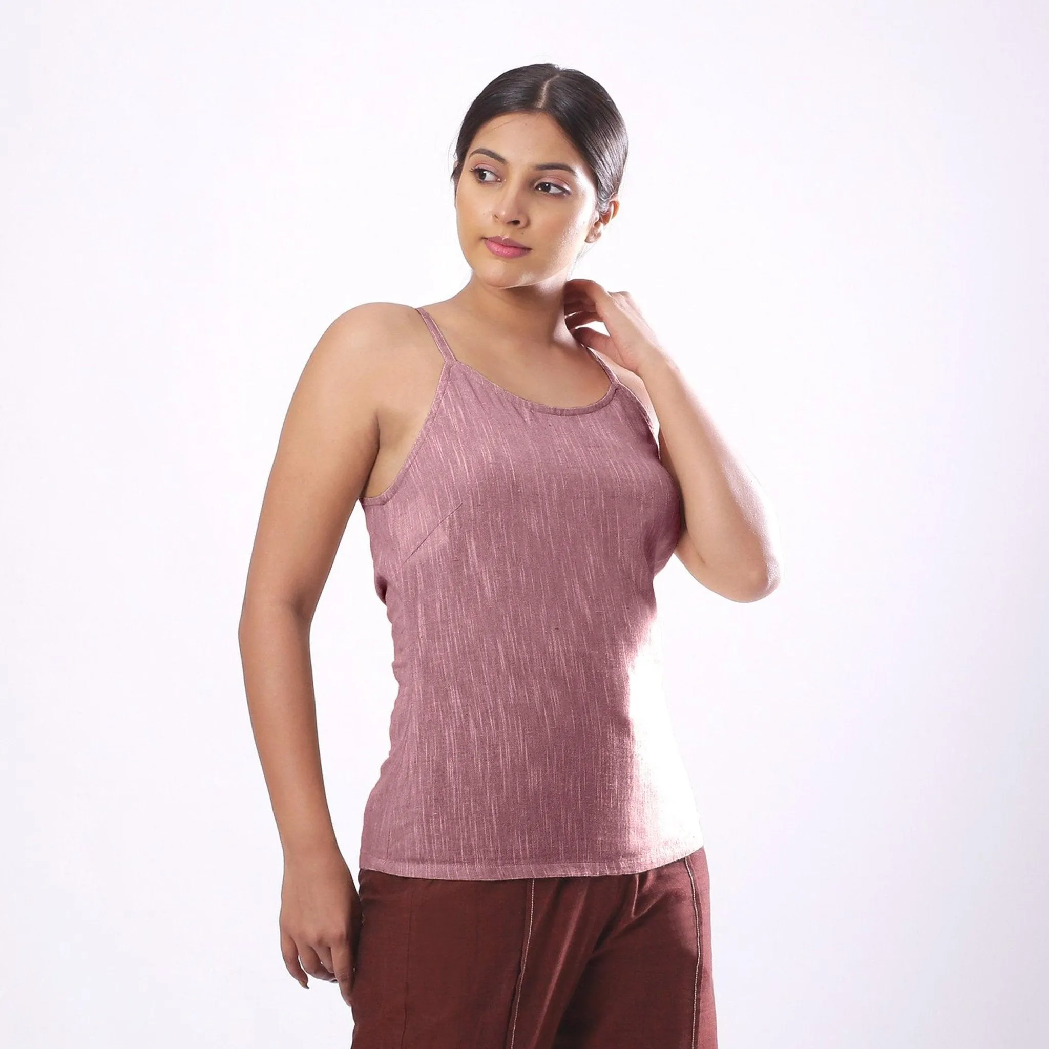 Purple Yarn Dyed Cotton Slim Fit Spaghetti Top