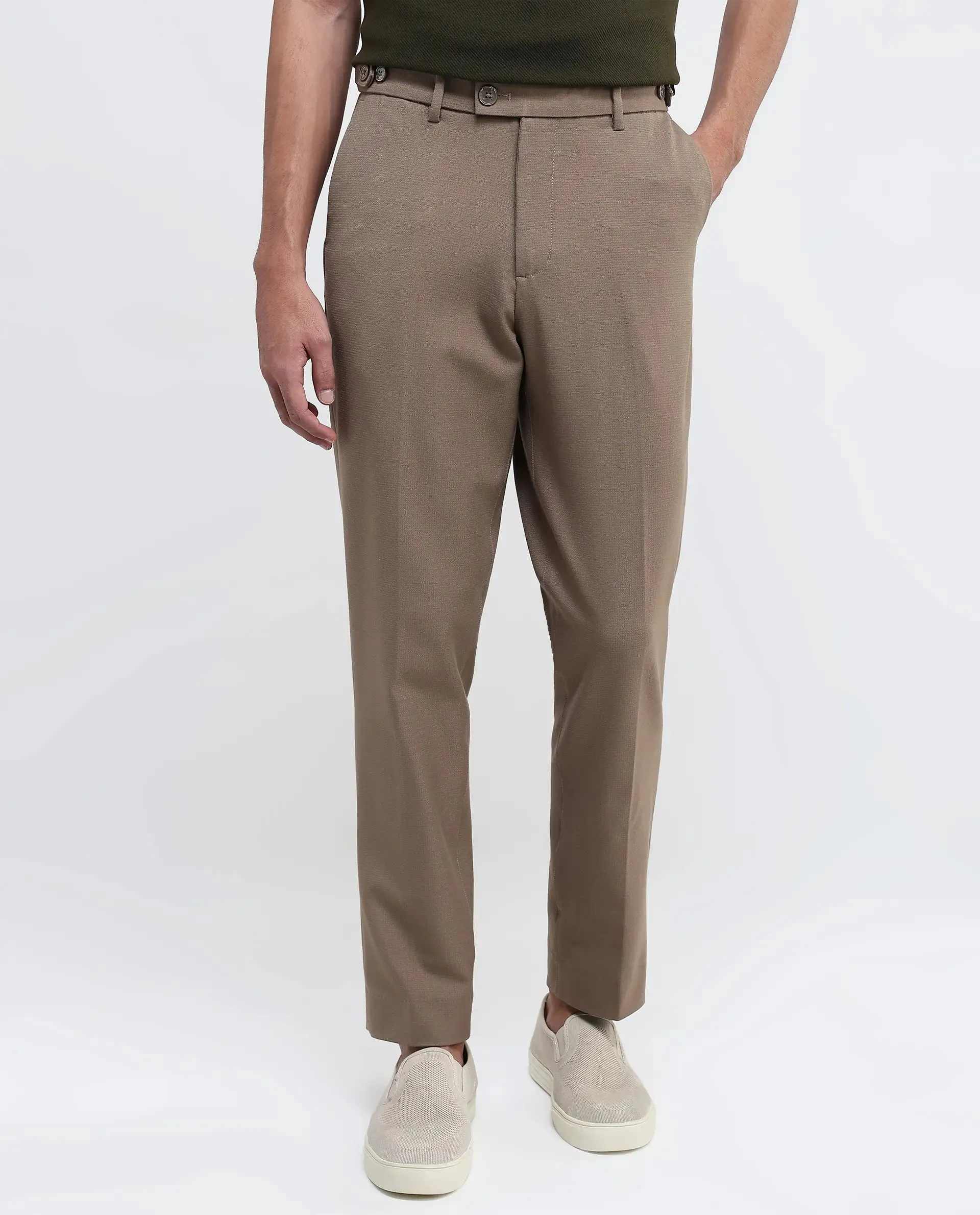 Rare Rabbit Men Austin Beige Button And Zip Closure Relaxed Fit Plain Trouser