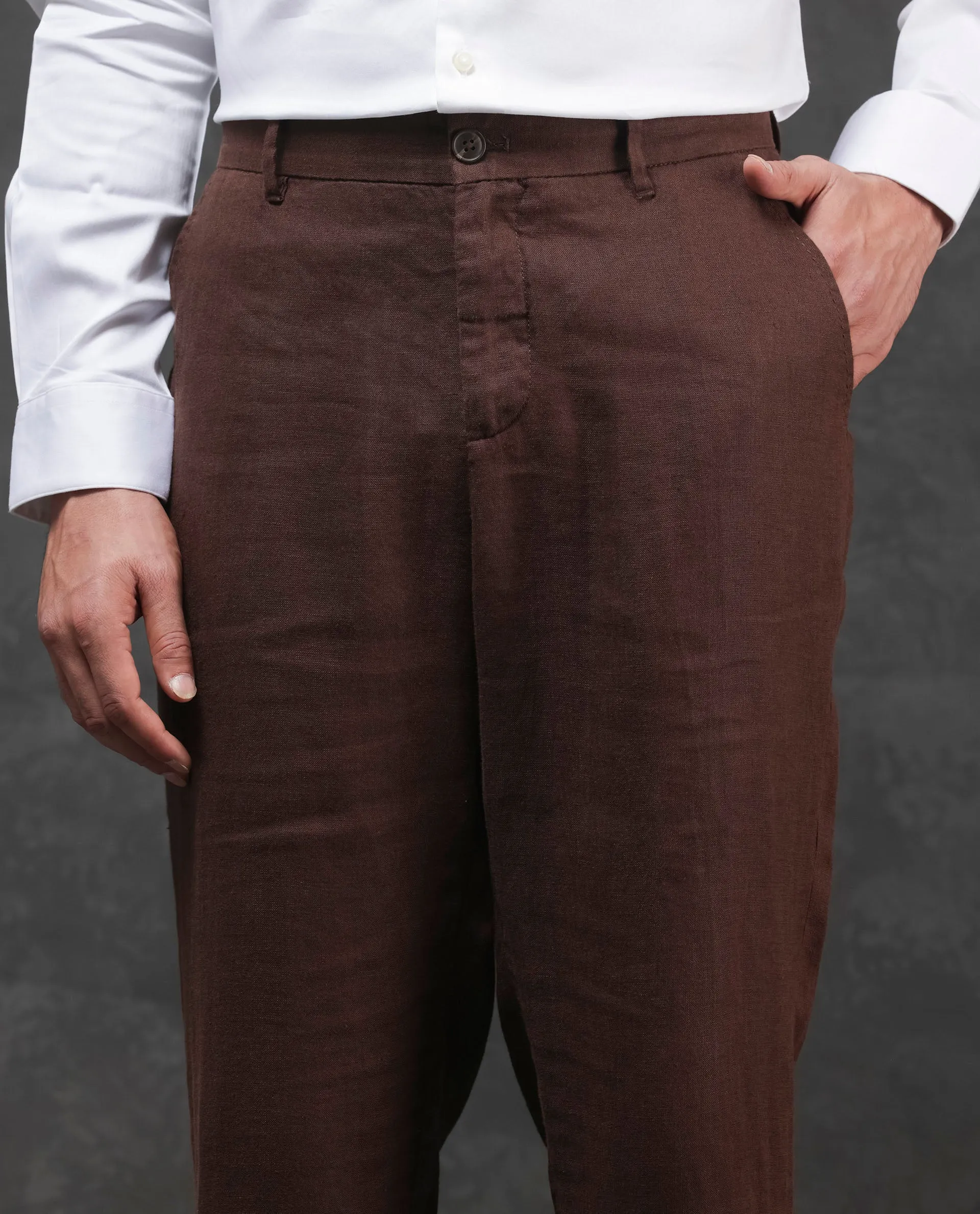 Rare Rabbit Mens Arcelo Brown Linen Mid Rise Regular Fit Solid Trousers