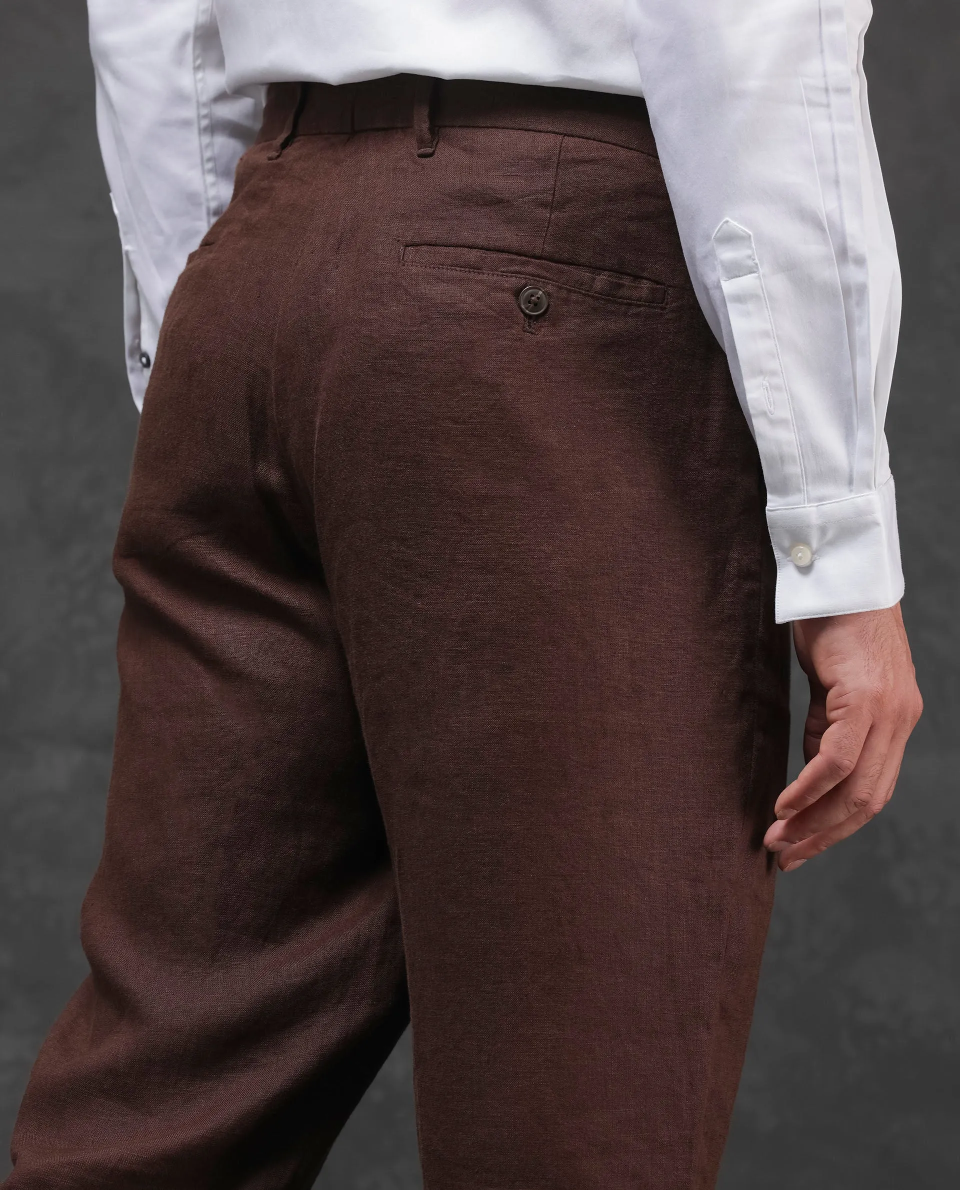 Rare Rabbit Mens Arcelo Brown Linen Mid Rise Regular Fit Solid Trousers