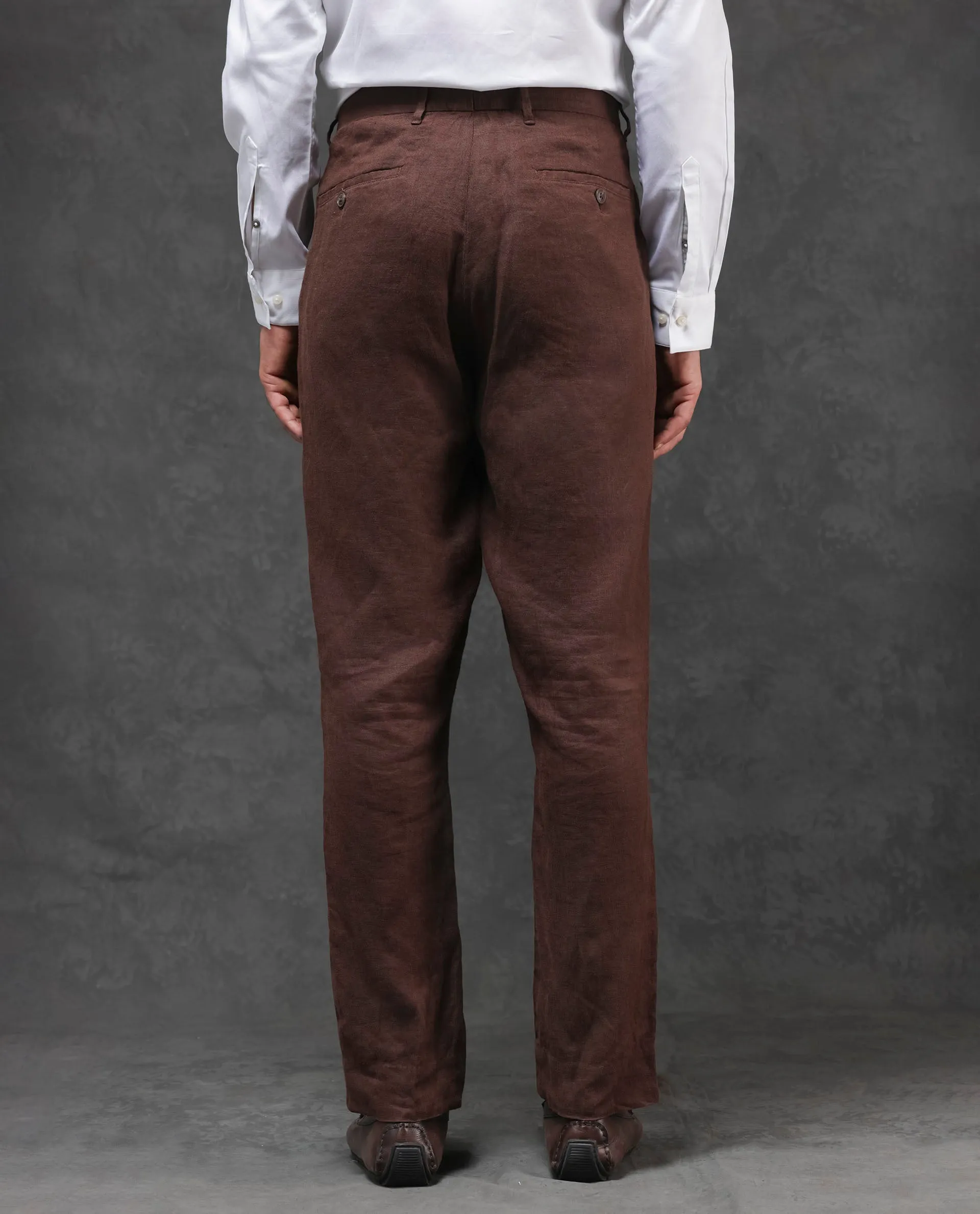 Rare Rabbit Mens Arcelo Brown Linen Mid Rise Regular Fit Solid Trousers