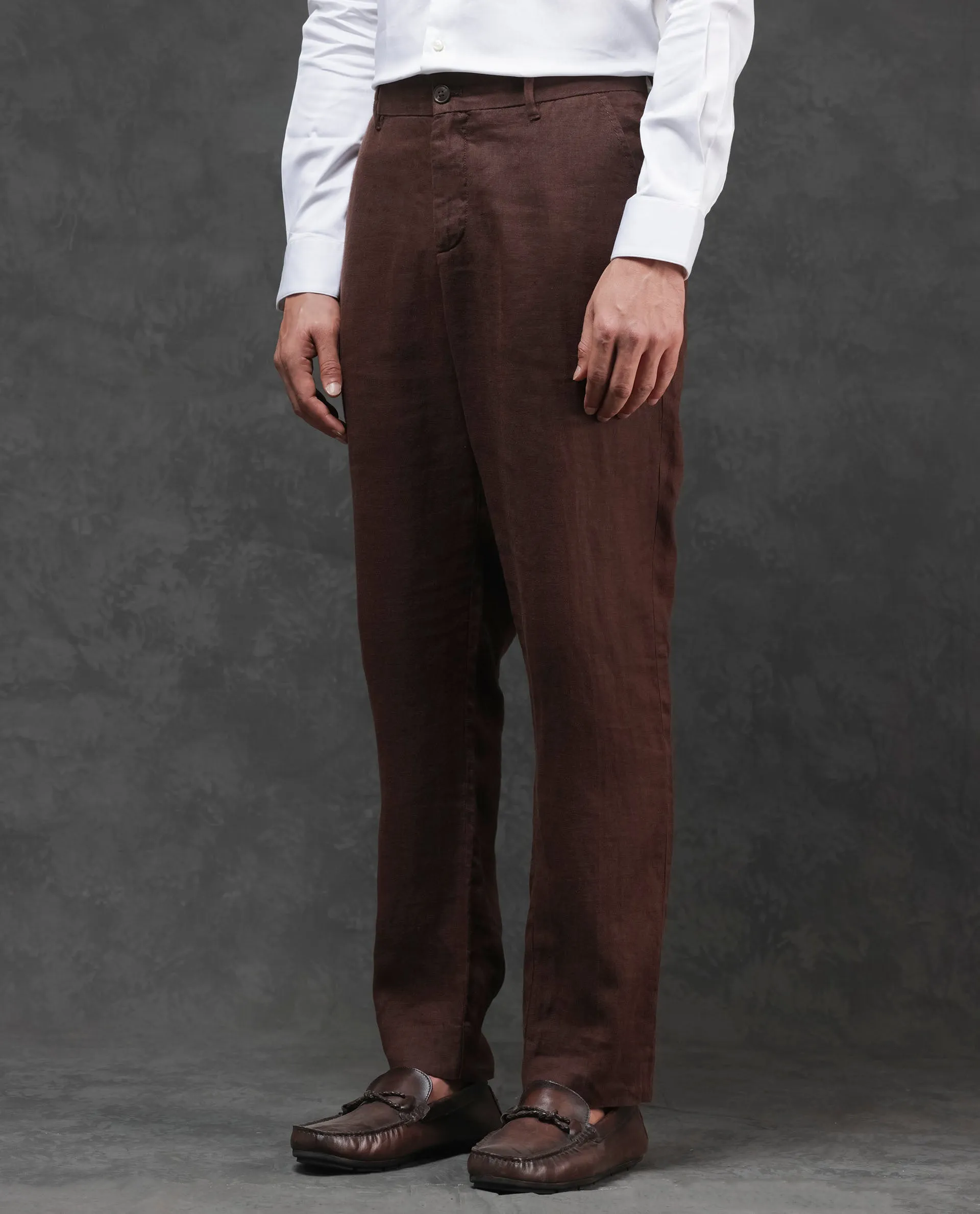 Rare Rabbit Mens Arcelo Brown Linen Mid Rise Regular Fit Solid Trousers