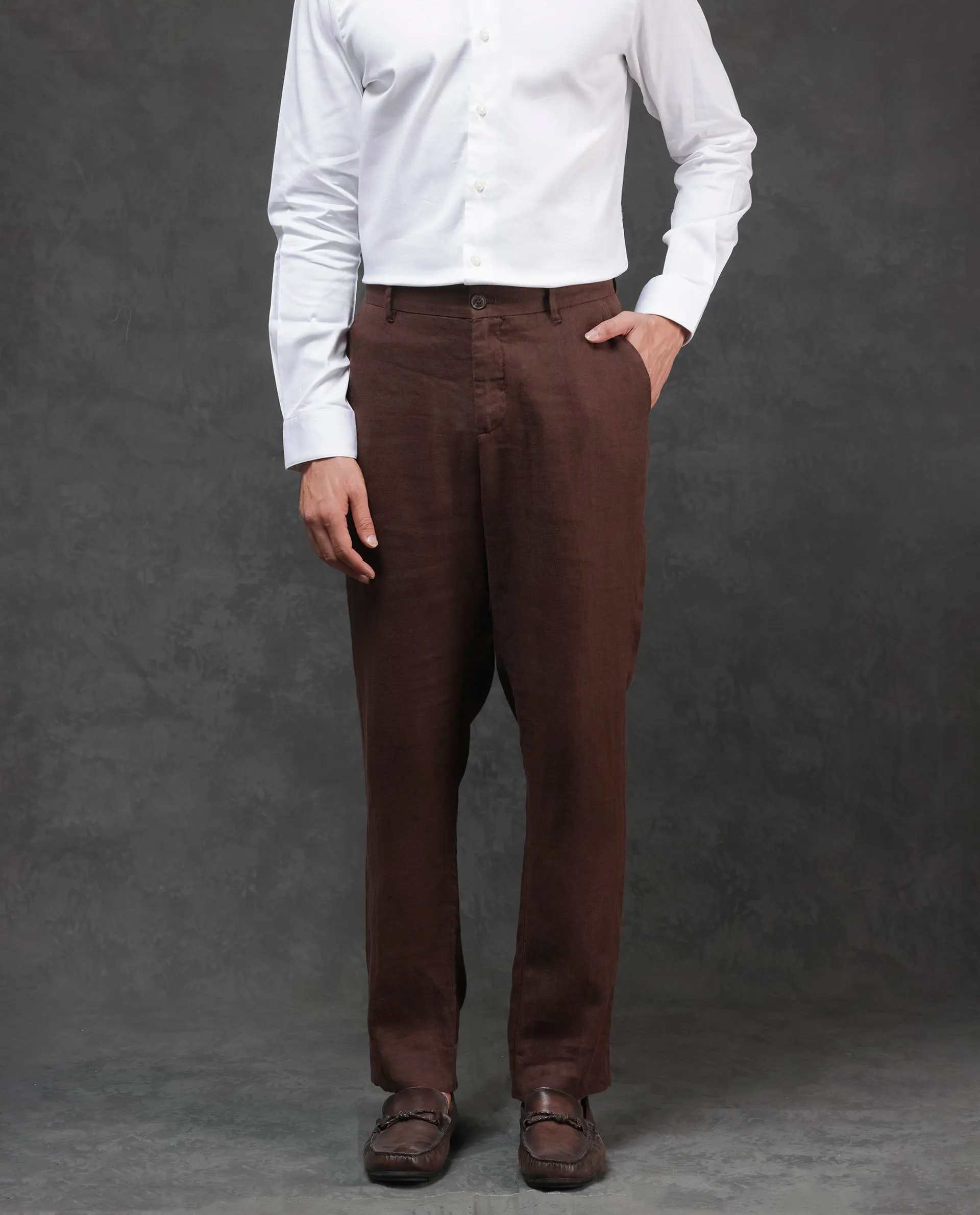 Rare Rabbit Mens Arcelo Brown Linen Mid Rise Regular Fit Solid Trousers