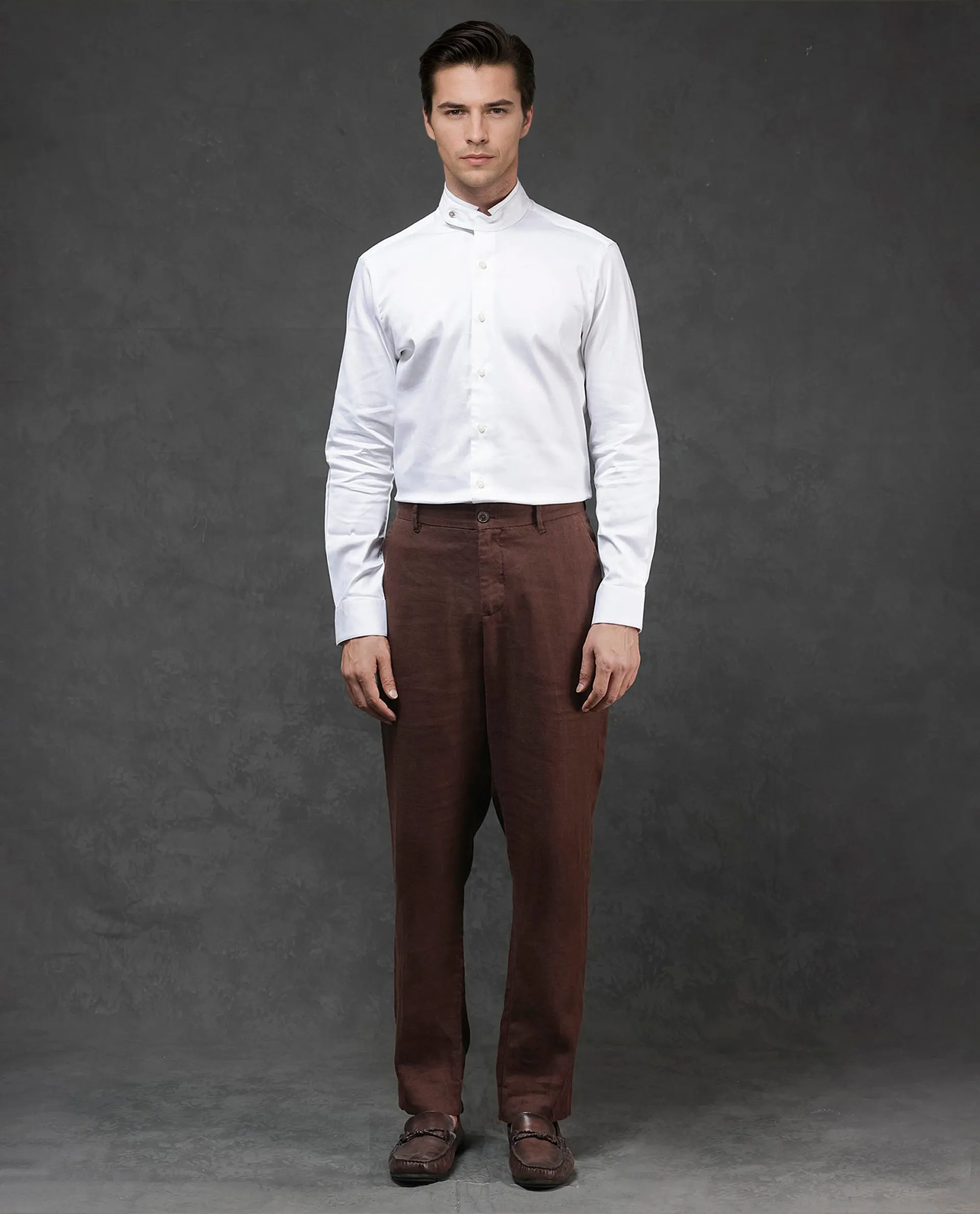 Rare Rabbit Mens Arcelo Brown Linen Mid Rise Regular Fit Solid Trousers