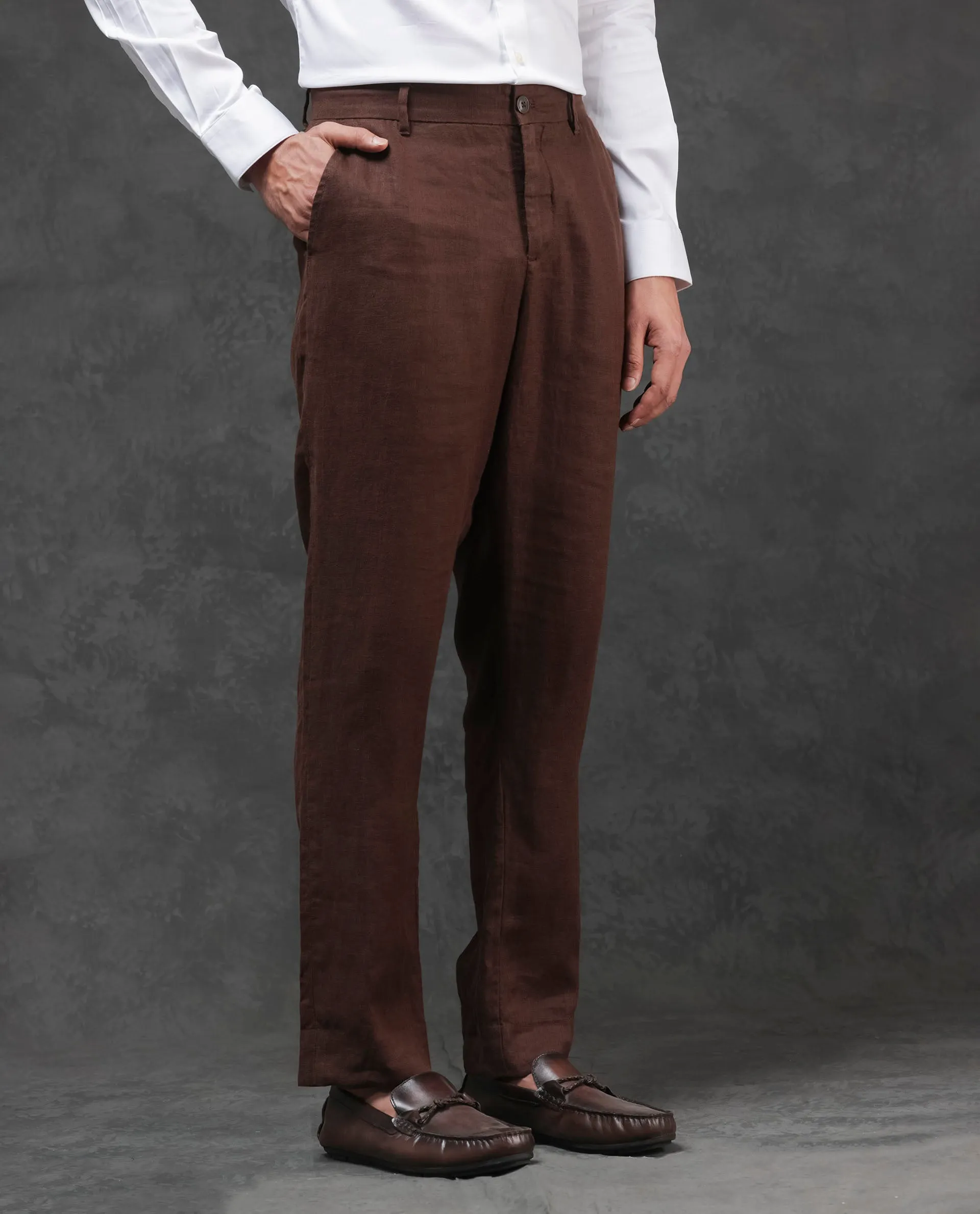 Rare Rabbit Mens Arcelo Brown Linen Mid Rise Regular Fit Solid Trousers