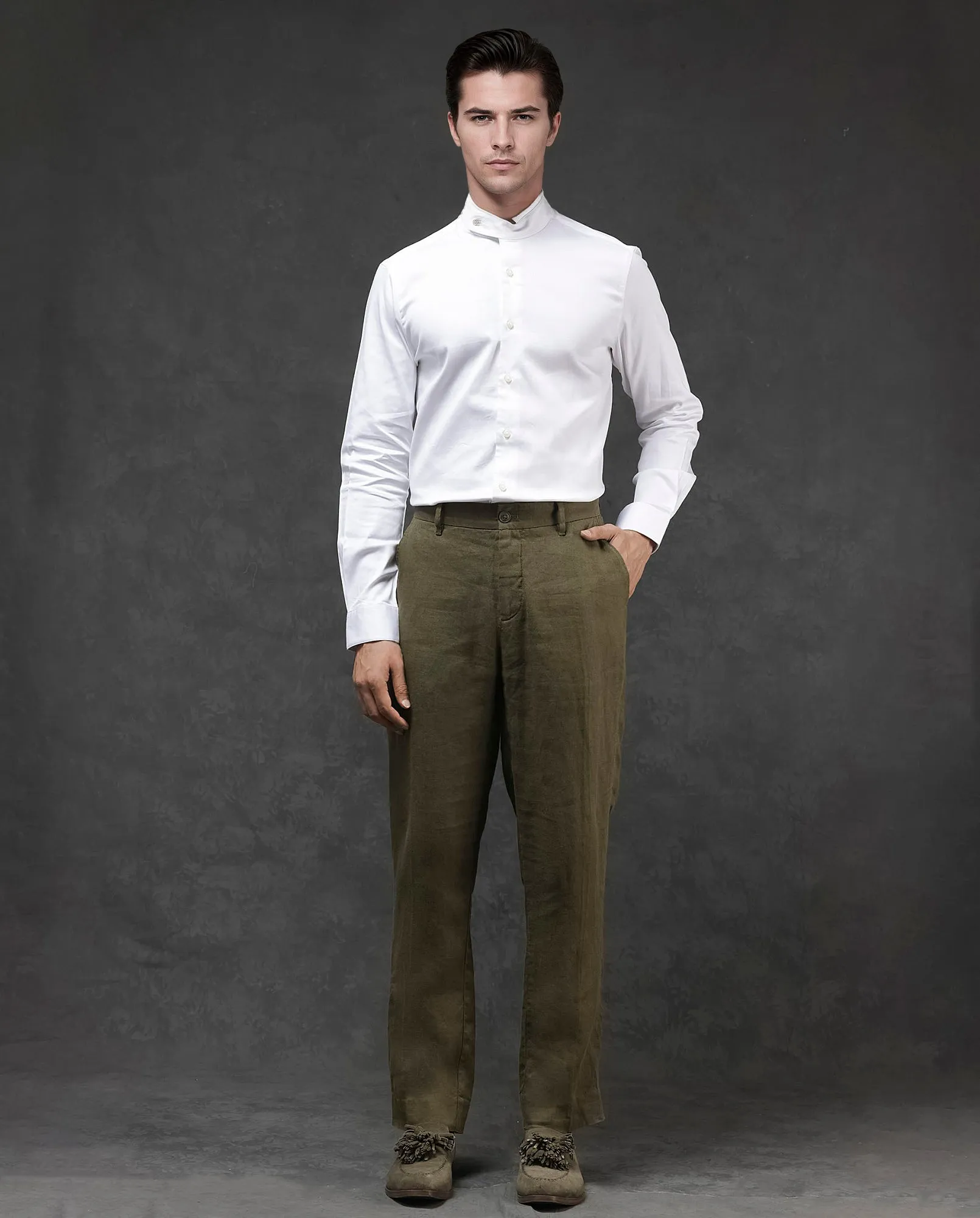 Rare Rabbit Mens Arcelo Olive Linen Mid Rise Regular Fit Solid Trousers