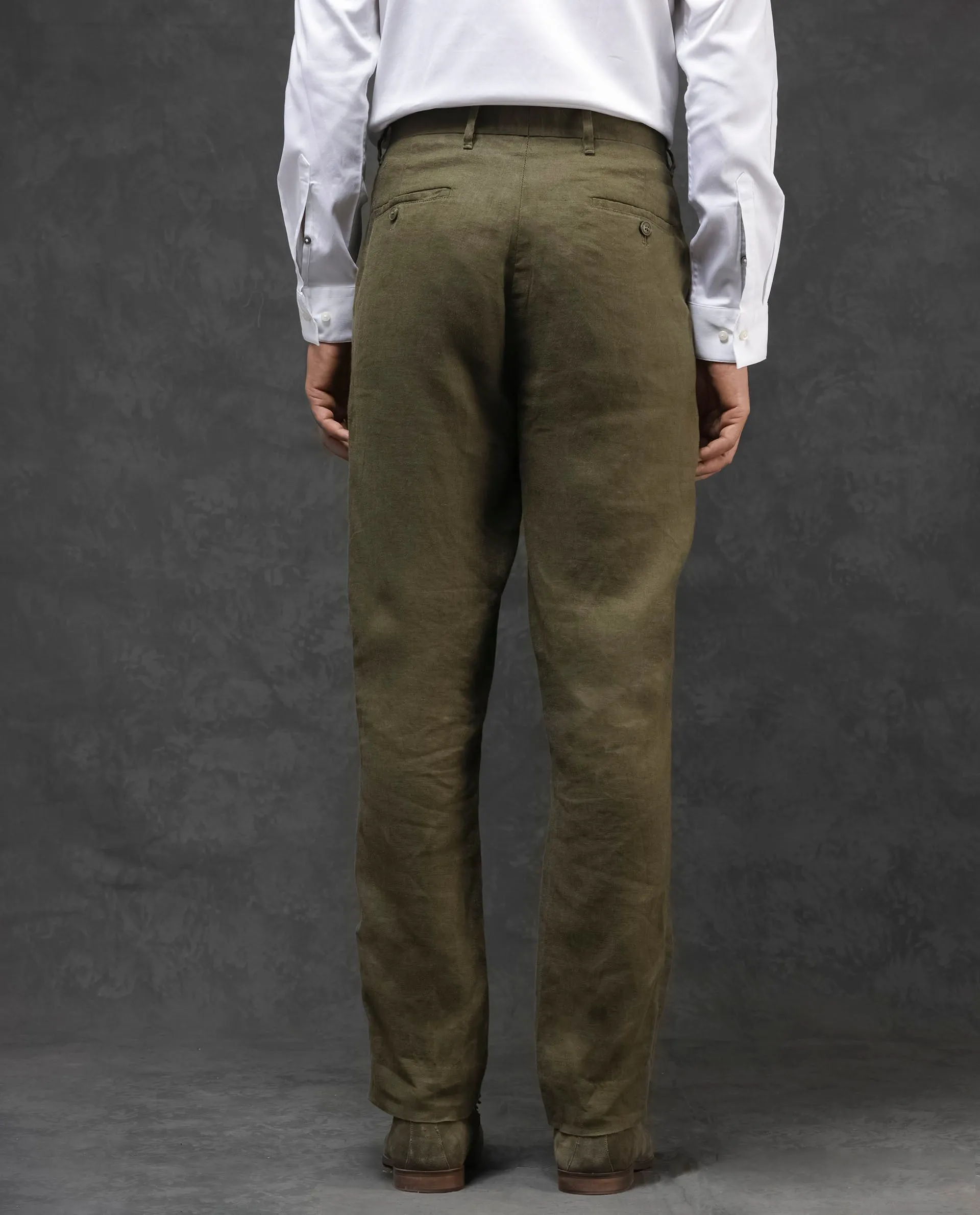 Rare Rabbit Mens Arcelo Olive Linen Mid Rise Regular Fit Solid Trousers