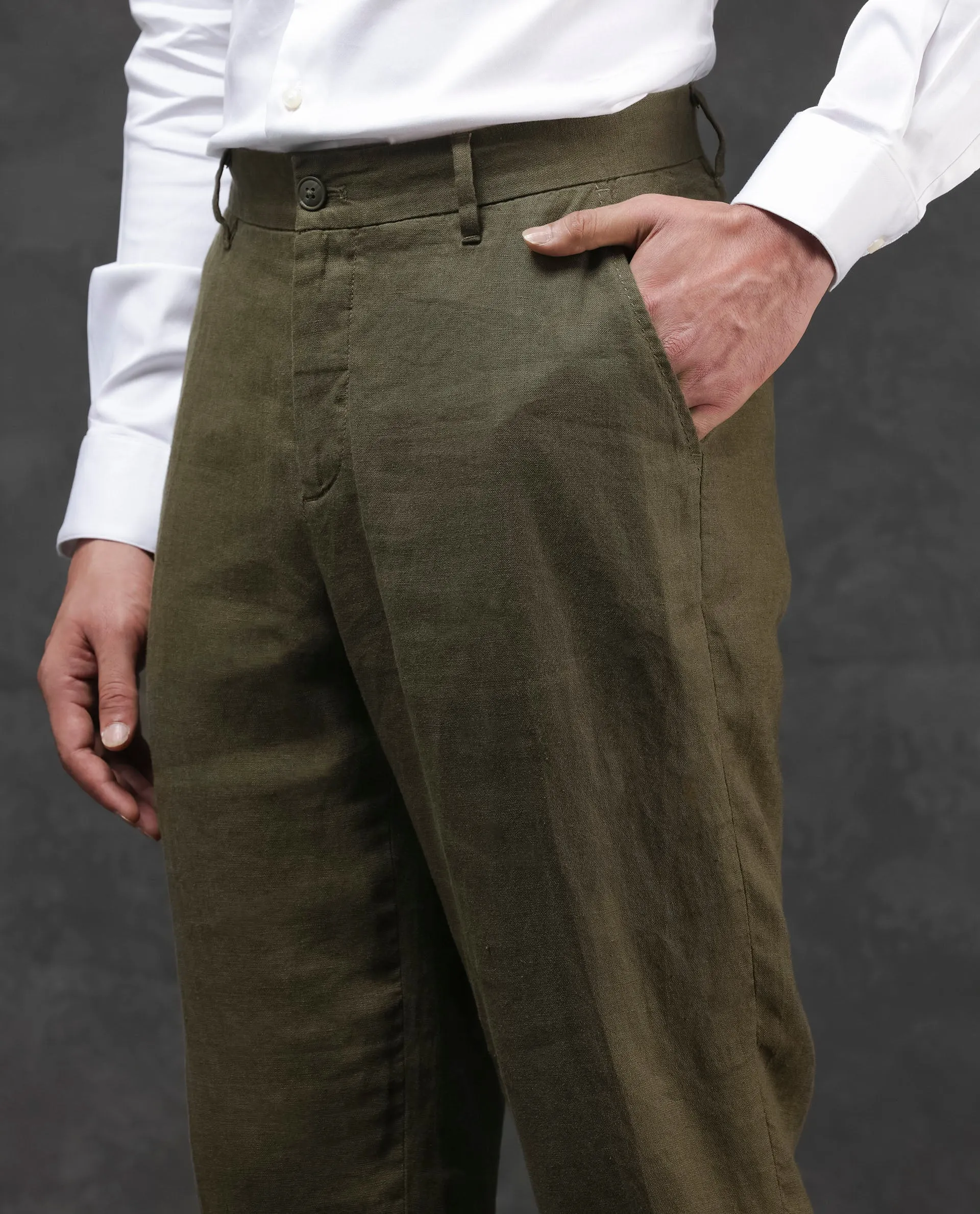 Rare Rabbit Mens Arcelo Olive Linen Mid Rise Regular Fit Solid Trousers