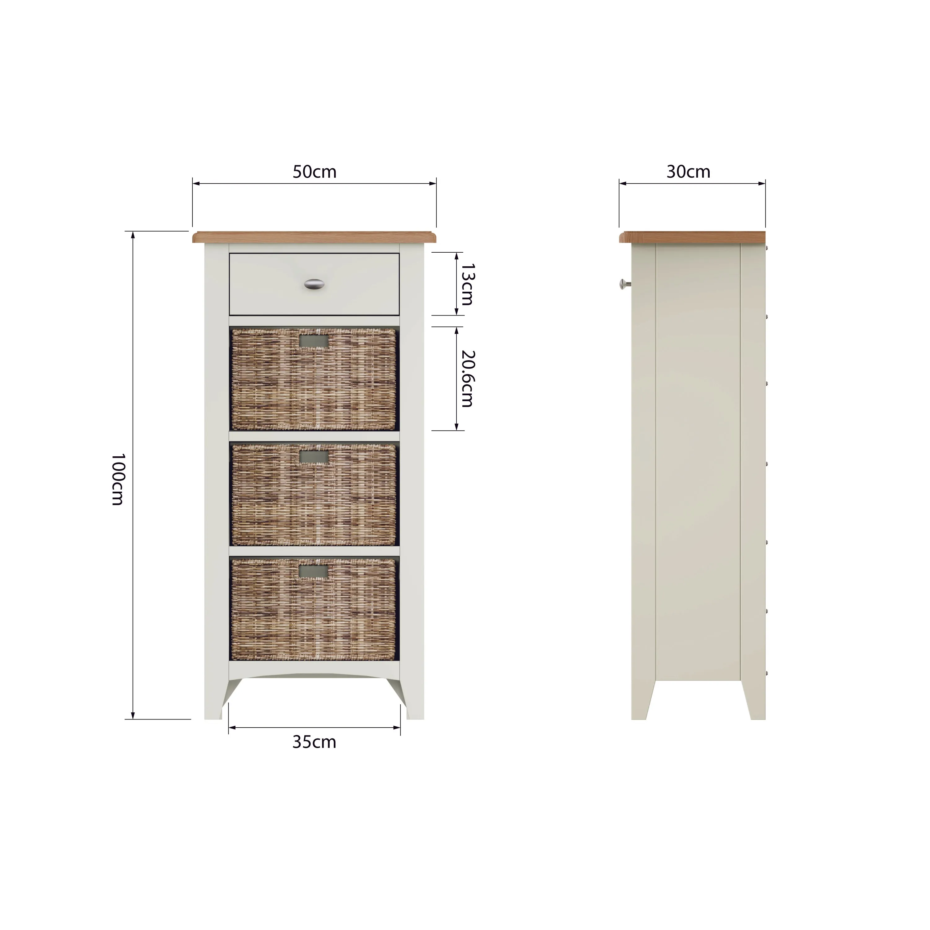 Salisbury Pure White Cabinet 1 Drawer 3 Basket 50 x 30 x 100 cm