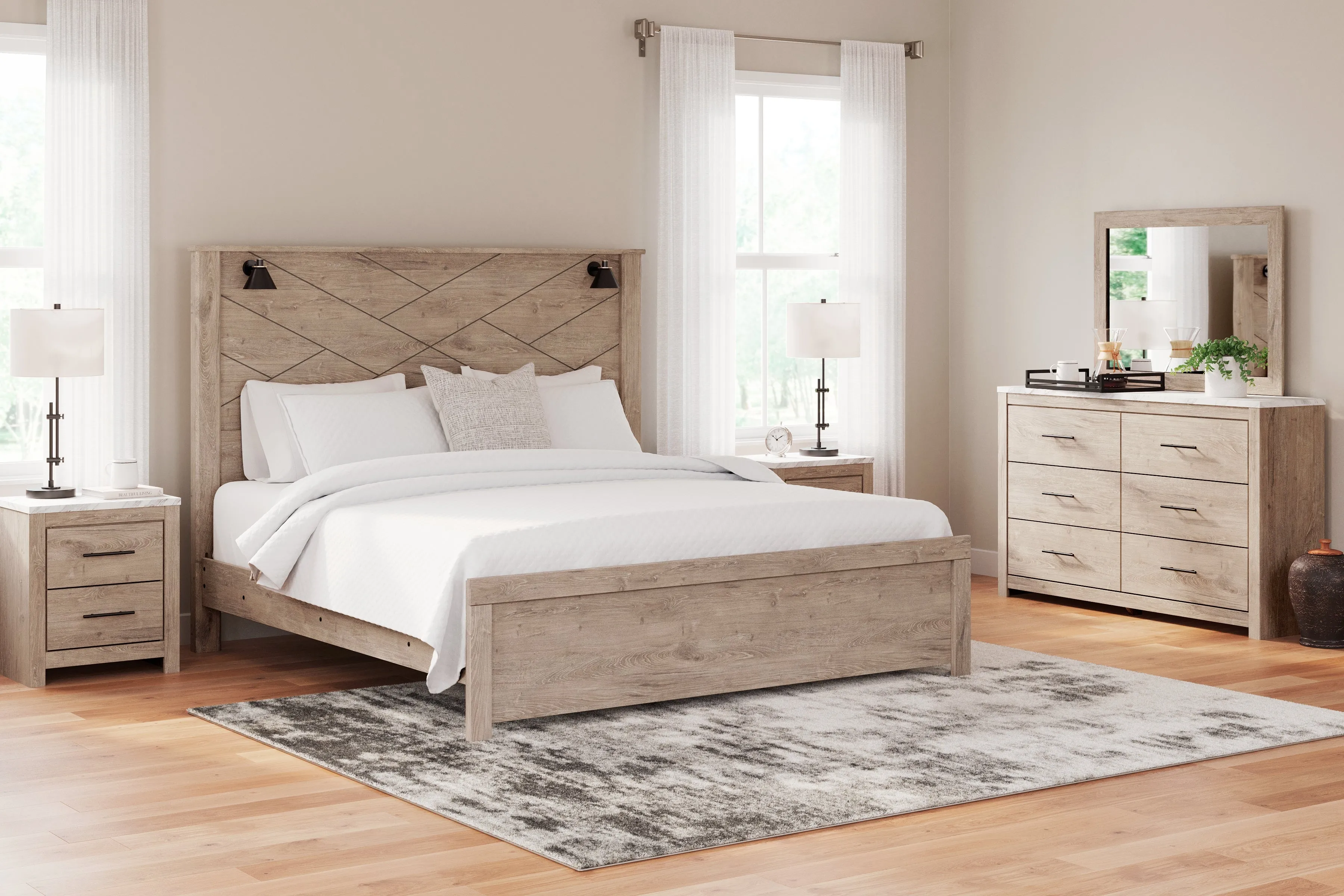 Senniberg King Panel Bed with Mirrored Dresser and 2 Nightstands in Light Brown/White