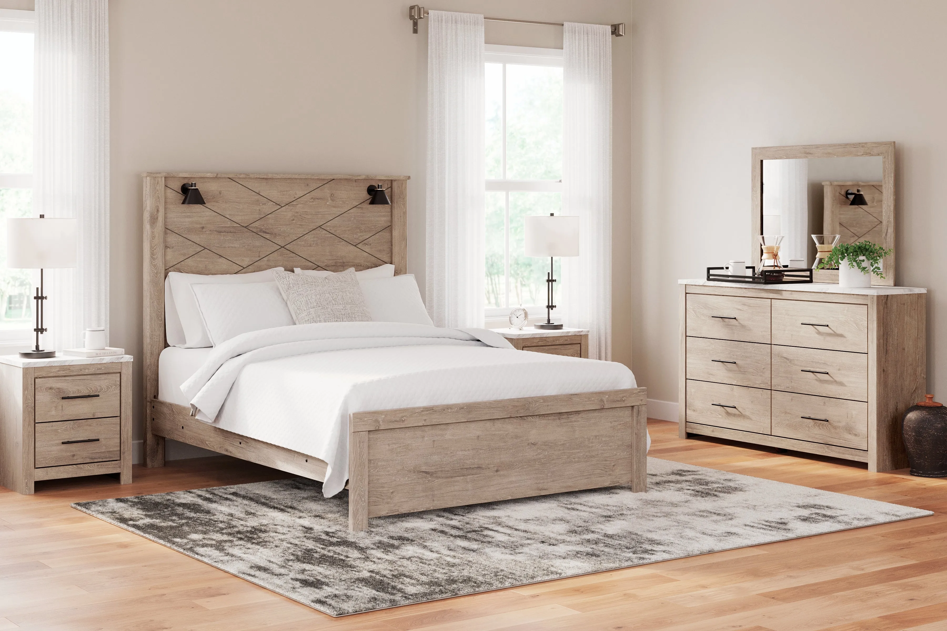 Senniberg Queen Panel Bed with Mirrored Dresser and 2 Nightstands in Light Brown/White