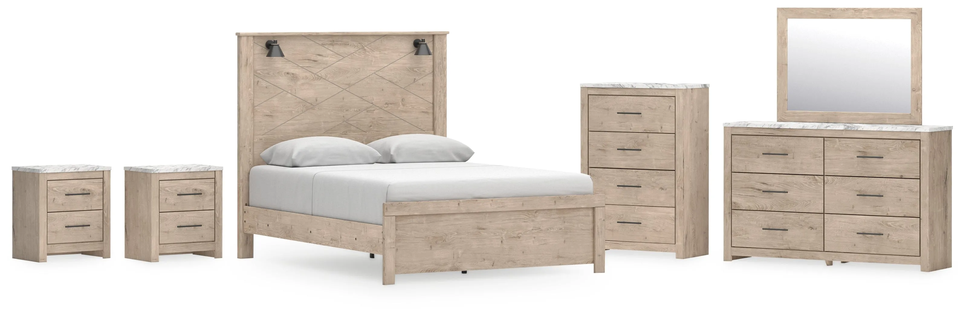 Senniberg Queen Panel Bed with Mirrored Dresser, Chest and 2 Nightstands in Light Brown/White