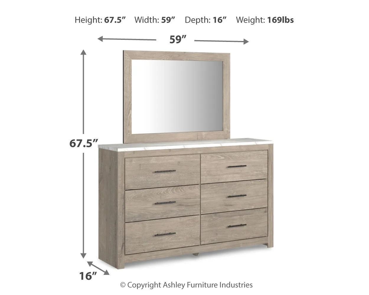 Senniberg Queen Panel Bed with Mirrored Dresser, Chest and 2 Nightstands in Light Brown/White