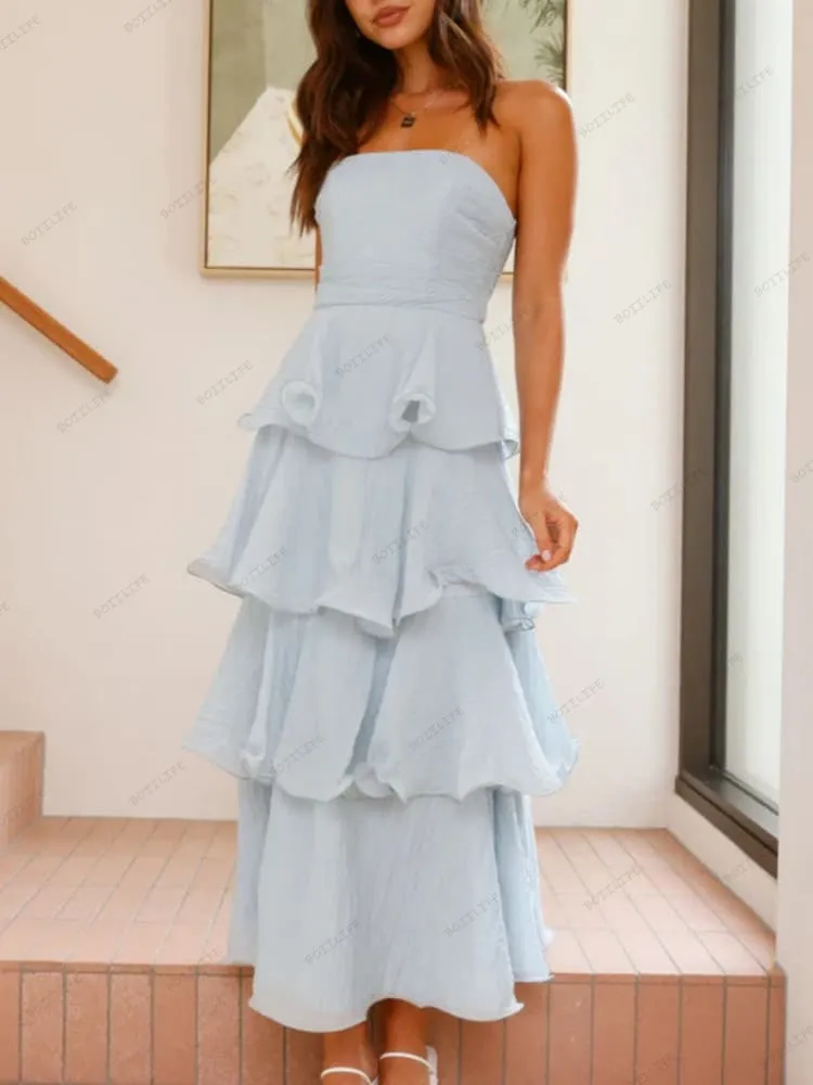 Sexy Chic Strapless Backless Tiered Midi Dress