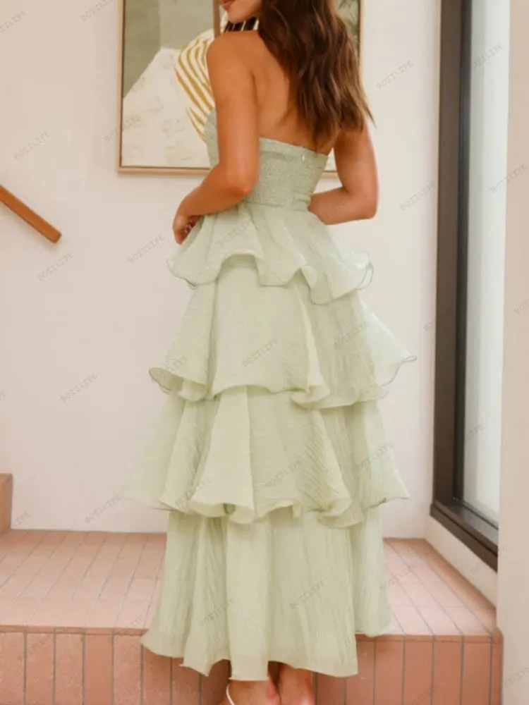 Sexy Chic Strapless Backless Tiered Midi Dress