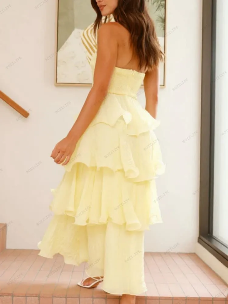 Sexy Chic Strapless Backless Tiered Midi Dress