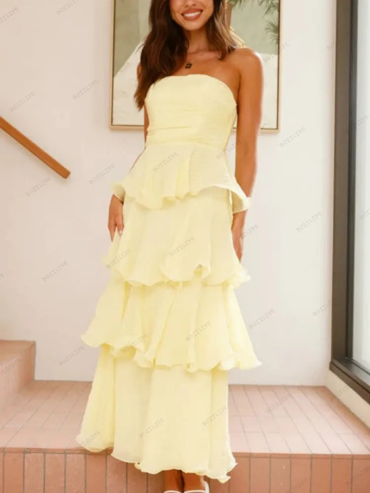 Sexy Chic Strapless Backless Tiered Midi Dress