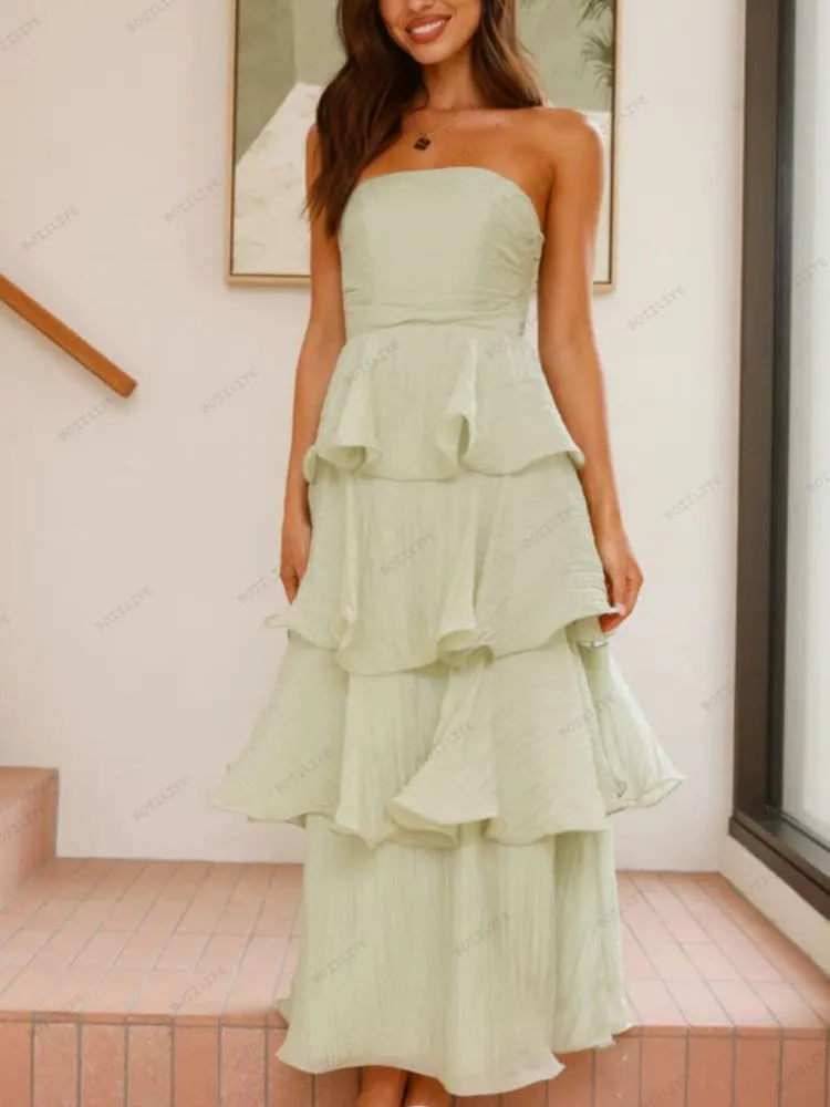 Sexy Chic Strapless Backless Tiered Midi Dress