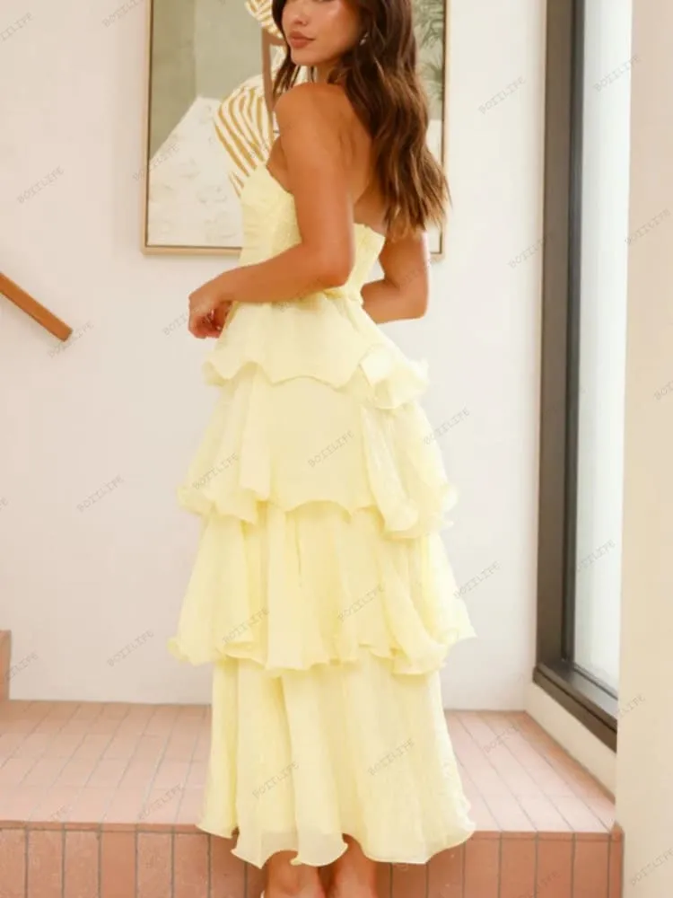 Sexy Chic Strapless Backless Tiered Midi Dress