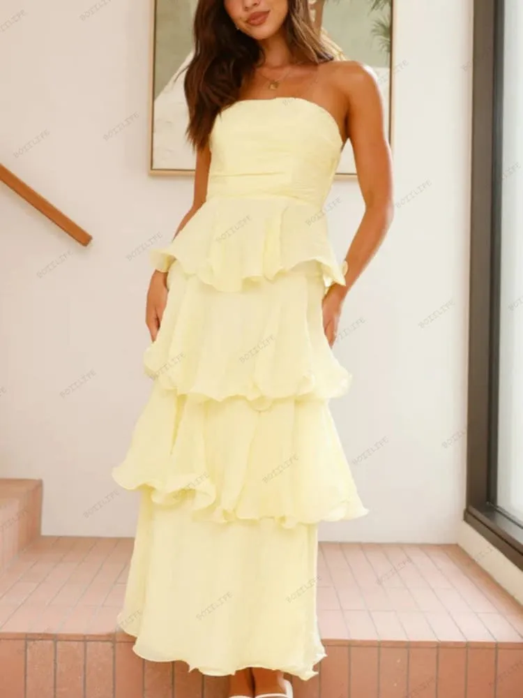 Sexy Chic Strapless Backless Tiered Midi Dress