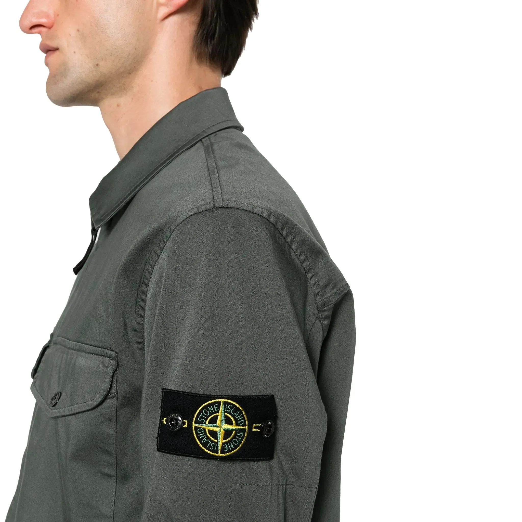 Stone Island Stretch Cotton Satin Dark Green Overshirt