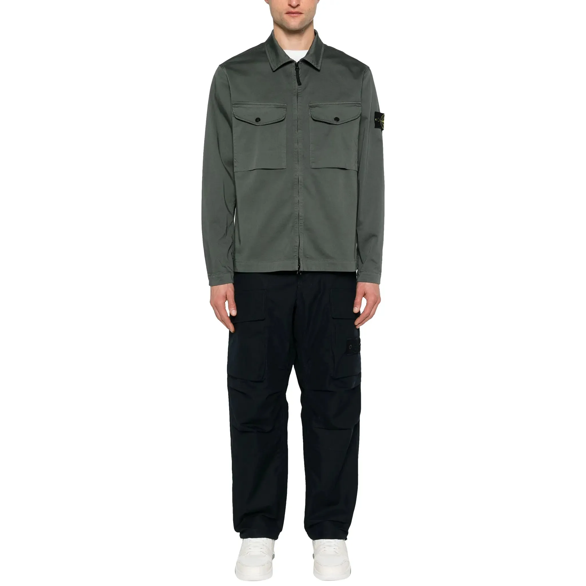 Stone Island Stretch Cotton Satin Dark Green Overshirt