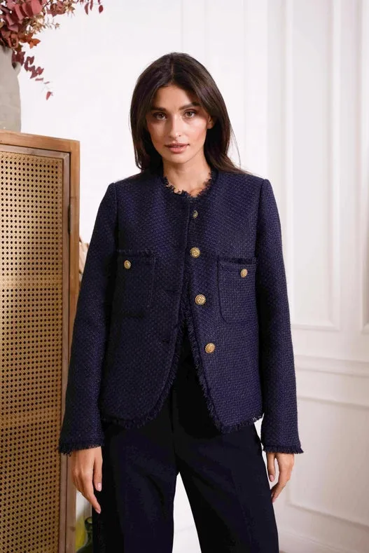 Straight Cut Tweed Jacket Navy