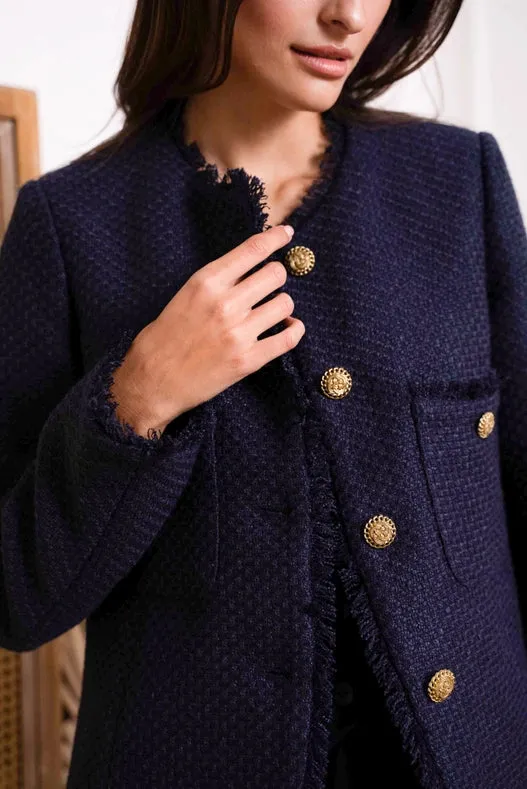 Straight Cut Tweed Jacket Navy