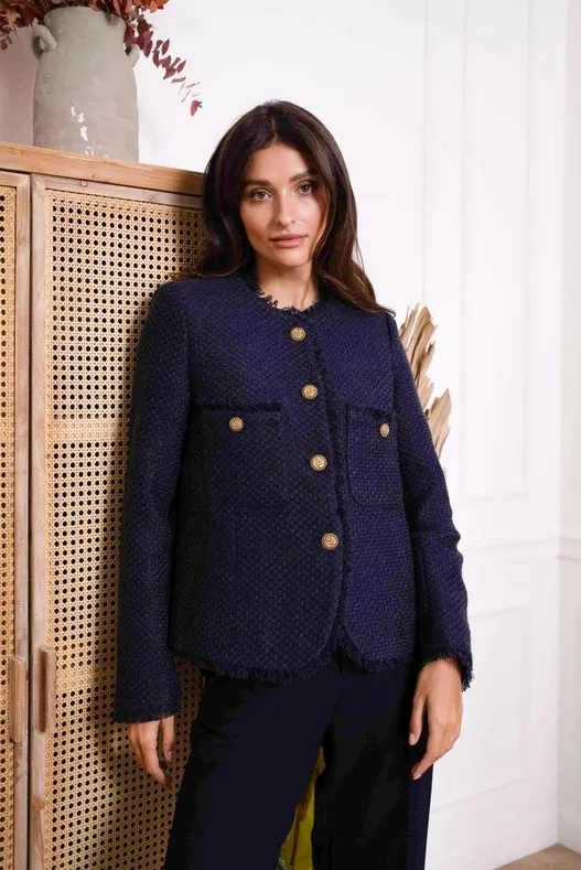 Straight Cut Tweed Jacket Navy