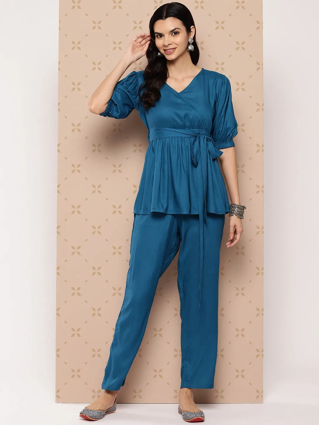 Teal Blue Solid Pure Cotton Top With Trousers Co-Ord Set