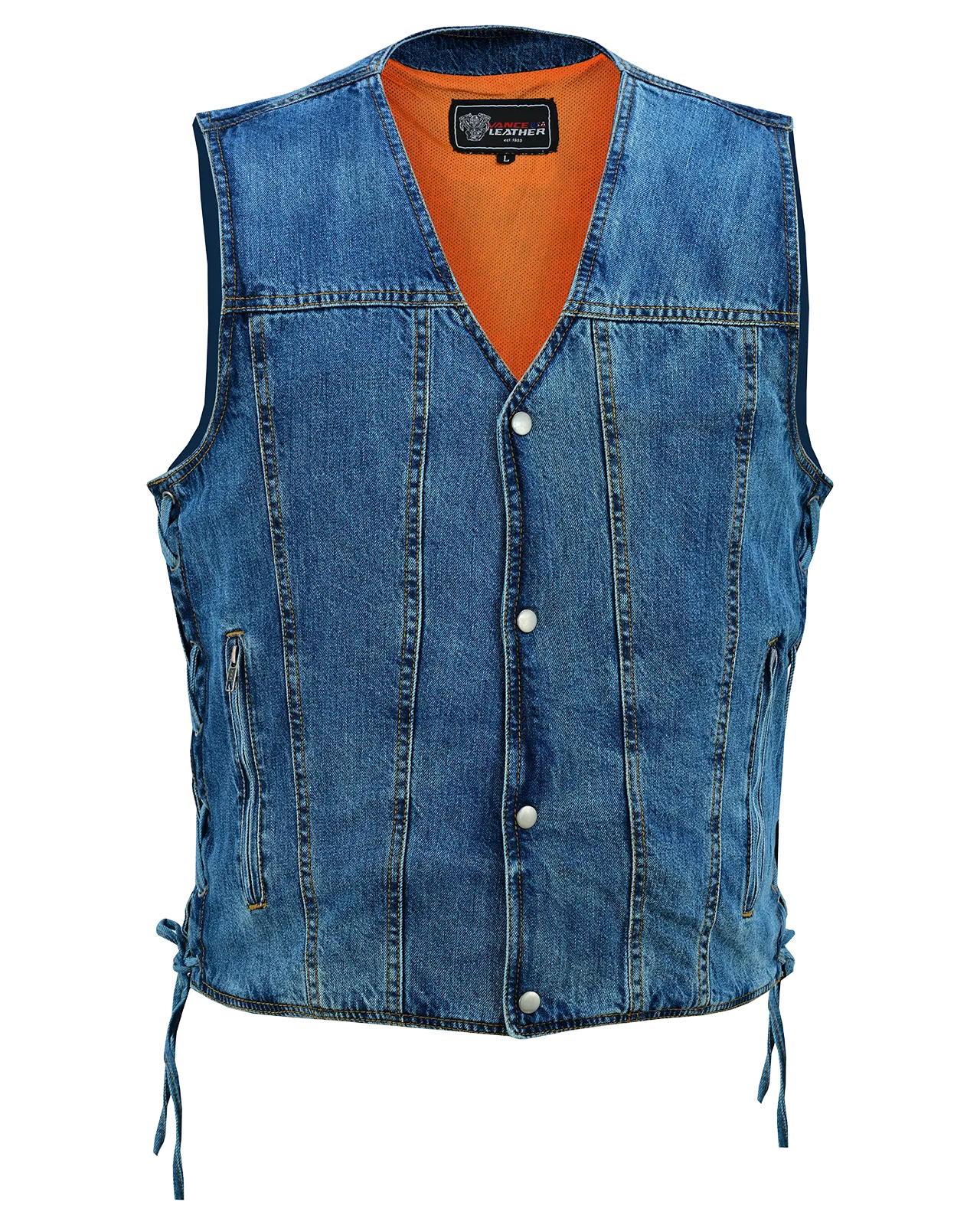 VB939BL Men's Blue V-Neck Denim Vest for Motorcycle Riders