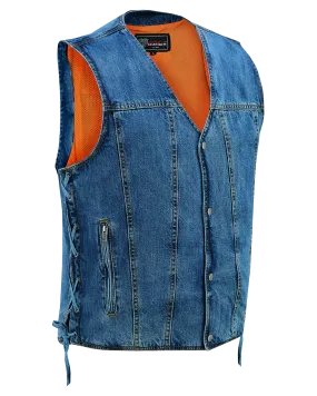 VB939BL Men's Blue V-Neck Denim Vest for Motorcycle Riders