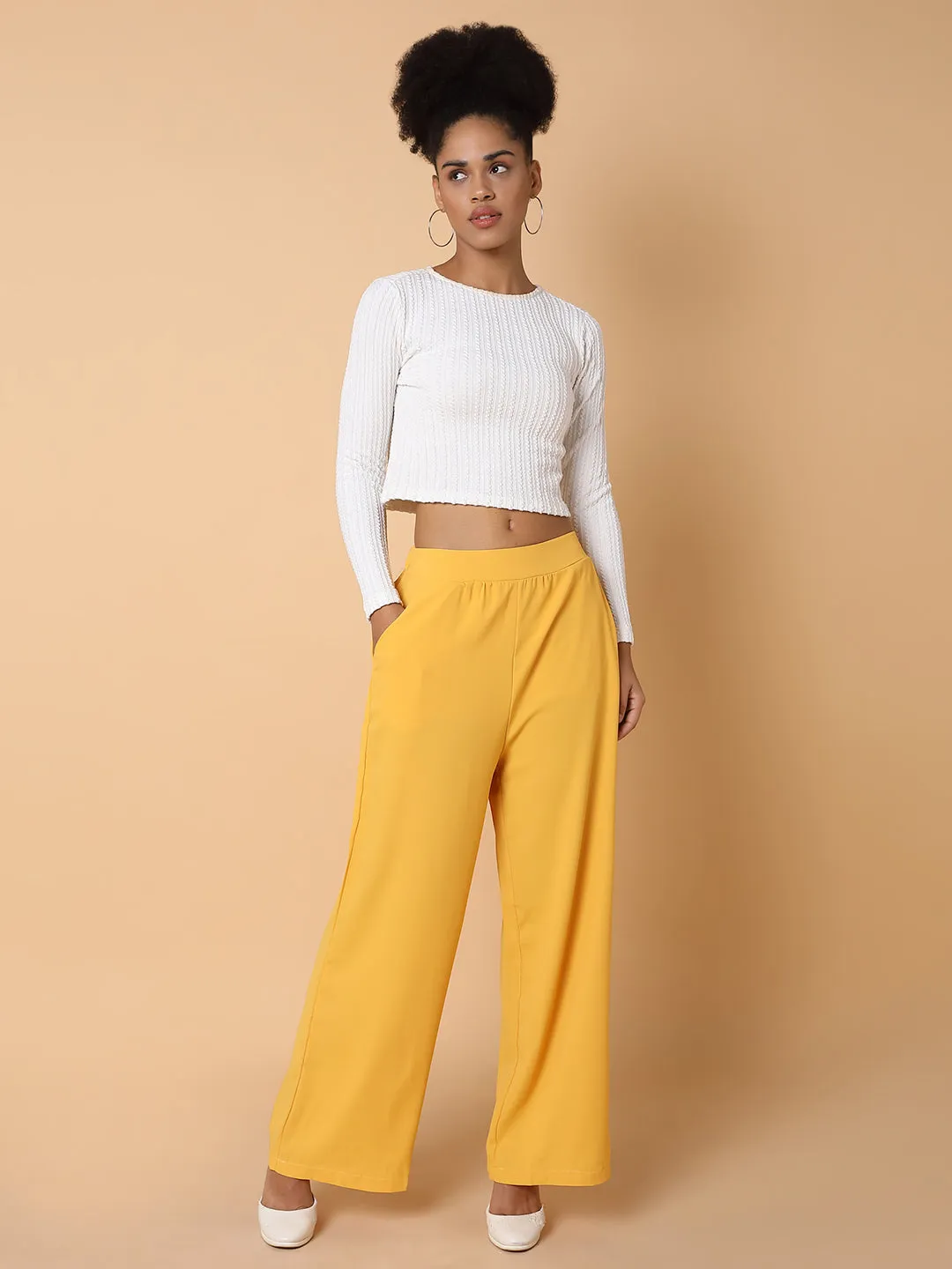 Women Flat Front Solid Mustard Trousers